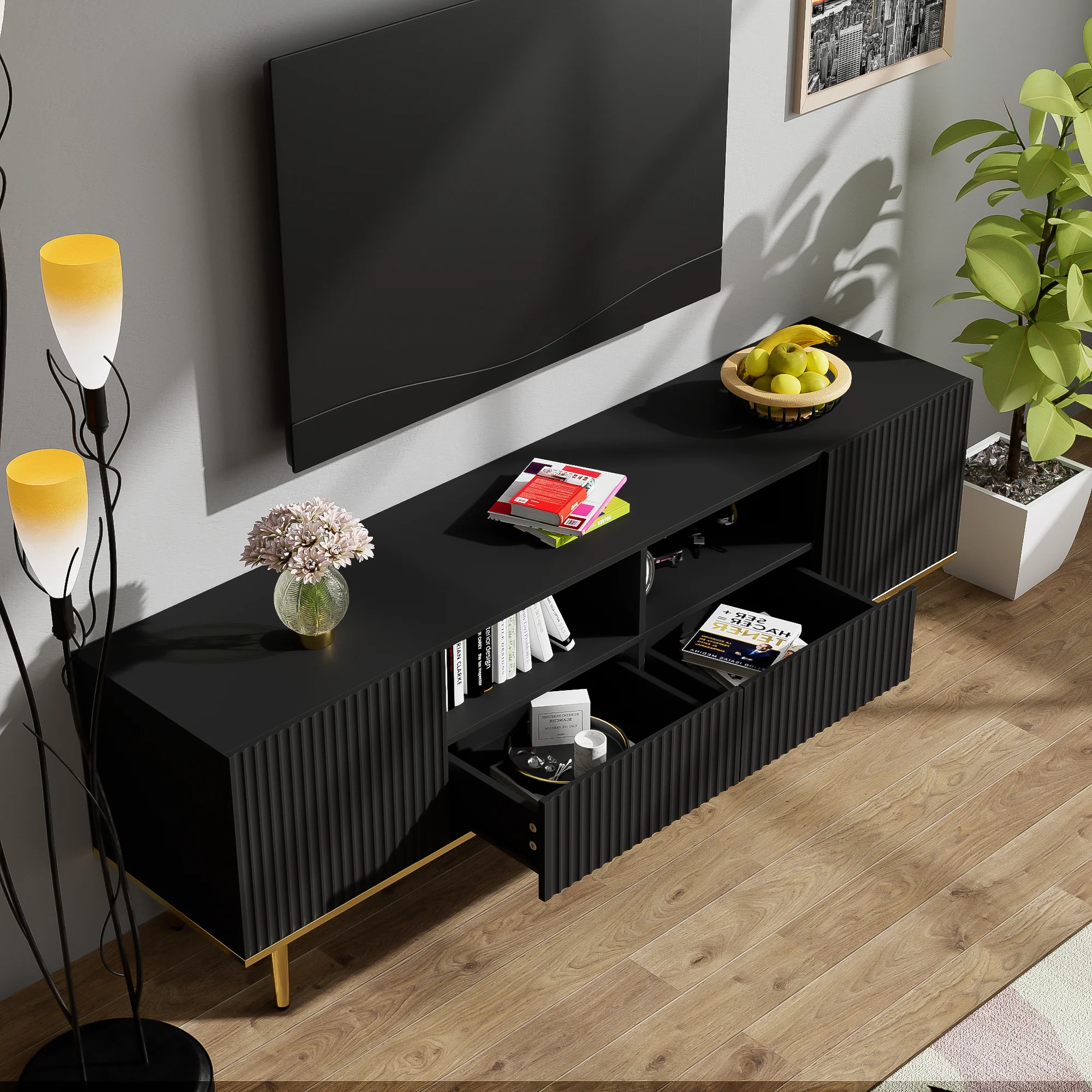 TV Cabinet, Modern with Golden Feet and Edge - Image 3