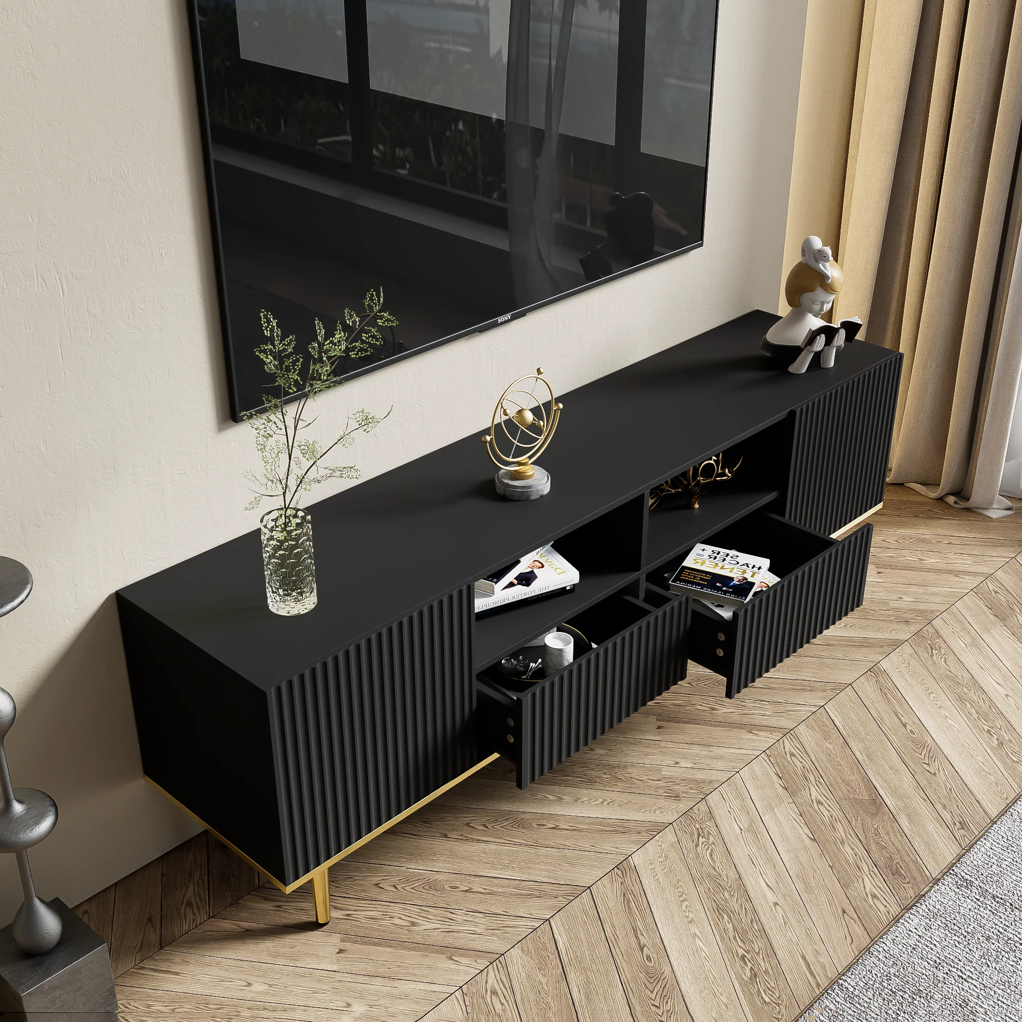 TV Cabinet, Modern with Golden Feet and Edge - Image 6