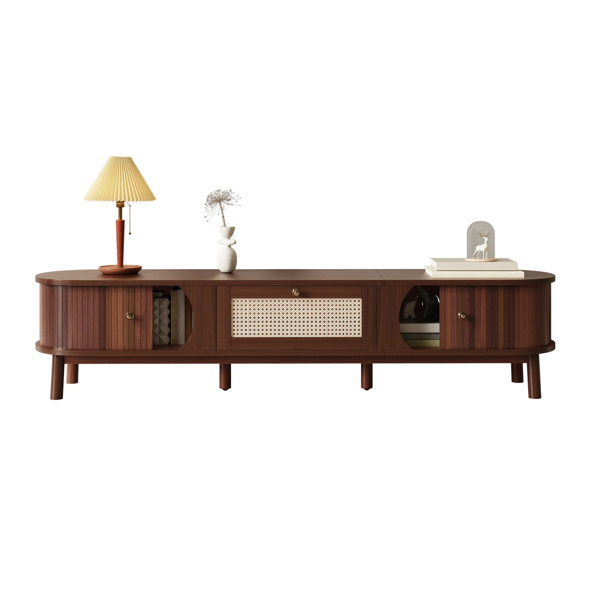 TV Cabinet Natural Wood Doors Rattan Drawers Rustic Storage - Image 5