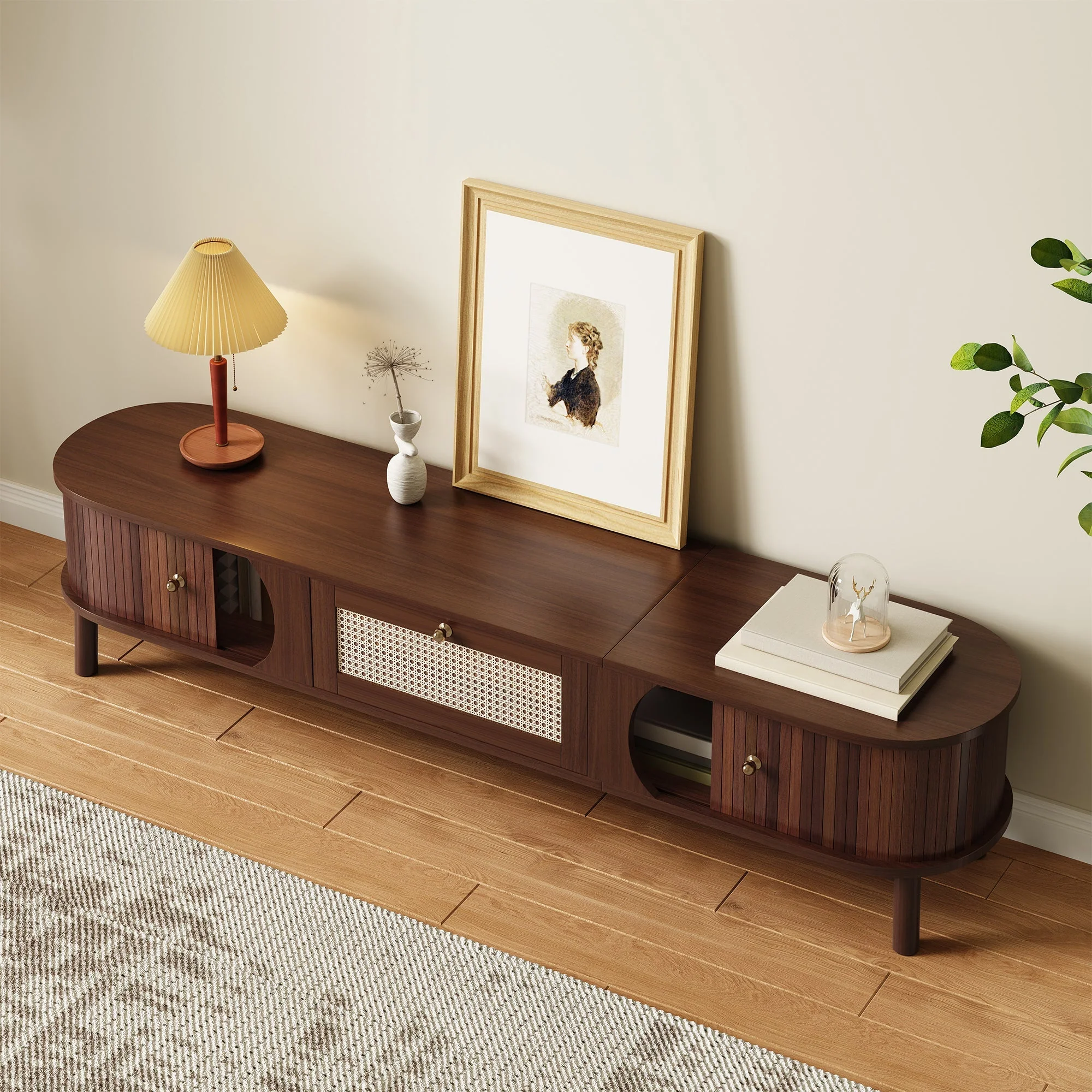 TV Cabinet Natural Wood Doors Rattan Drawers Rustic Storage - Image 8