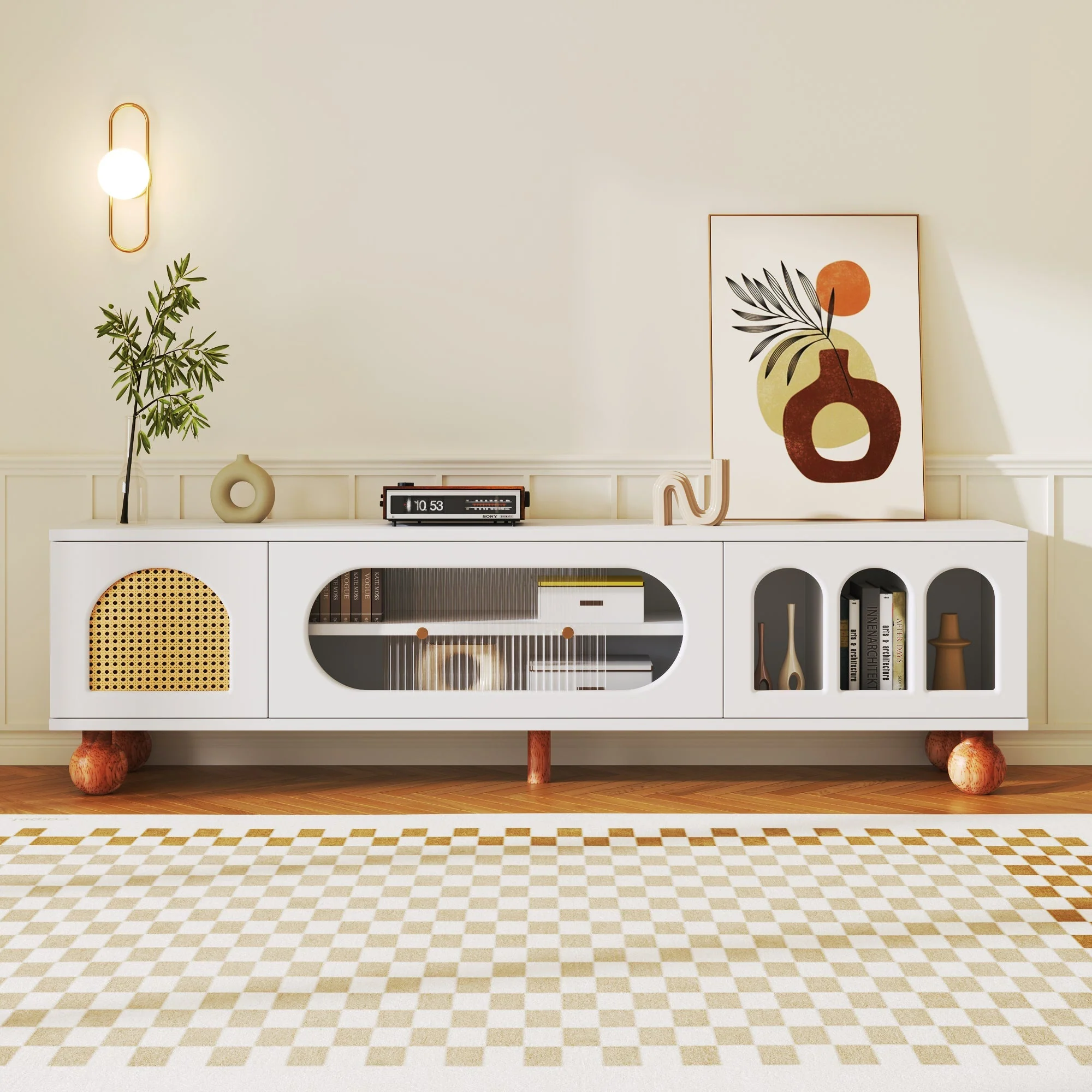 TV Cabinet, Rattan-like Sliding Glass Door, Gold Handles, Wood - Image 2