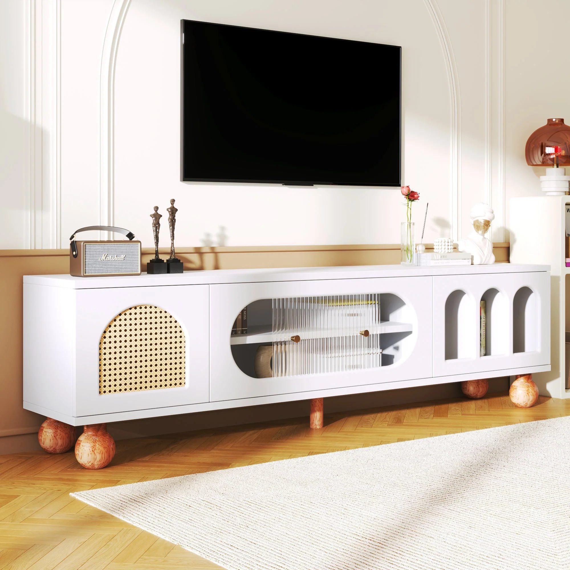 TV Cabinet, Rattan-like Sliding Glass Door, Gold Handles, Wood - Image 3