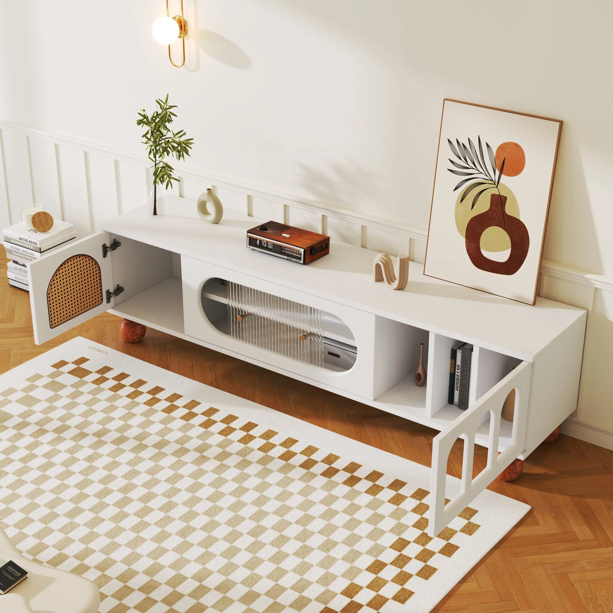TV Cabinet, Rattan-like Sliding Glass Door, Gold Handles, Wood - Image 4