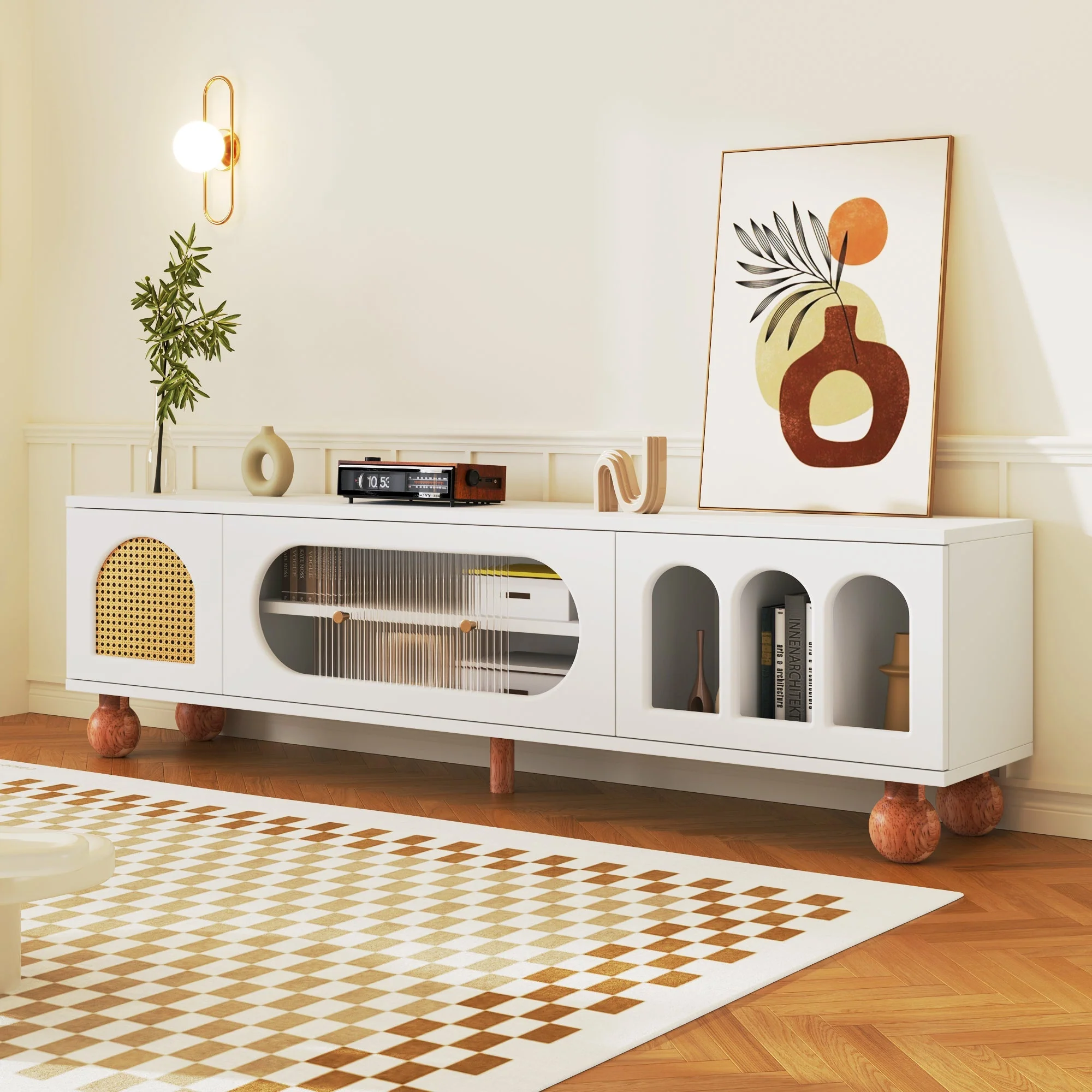 TV Cabinet, Rattan-like Sliding Glass Door, Gold Handles, Wood - Image 5