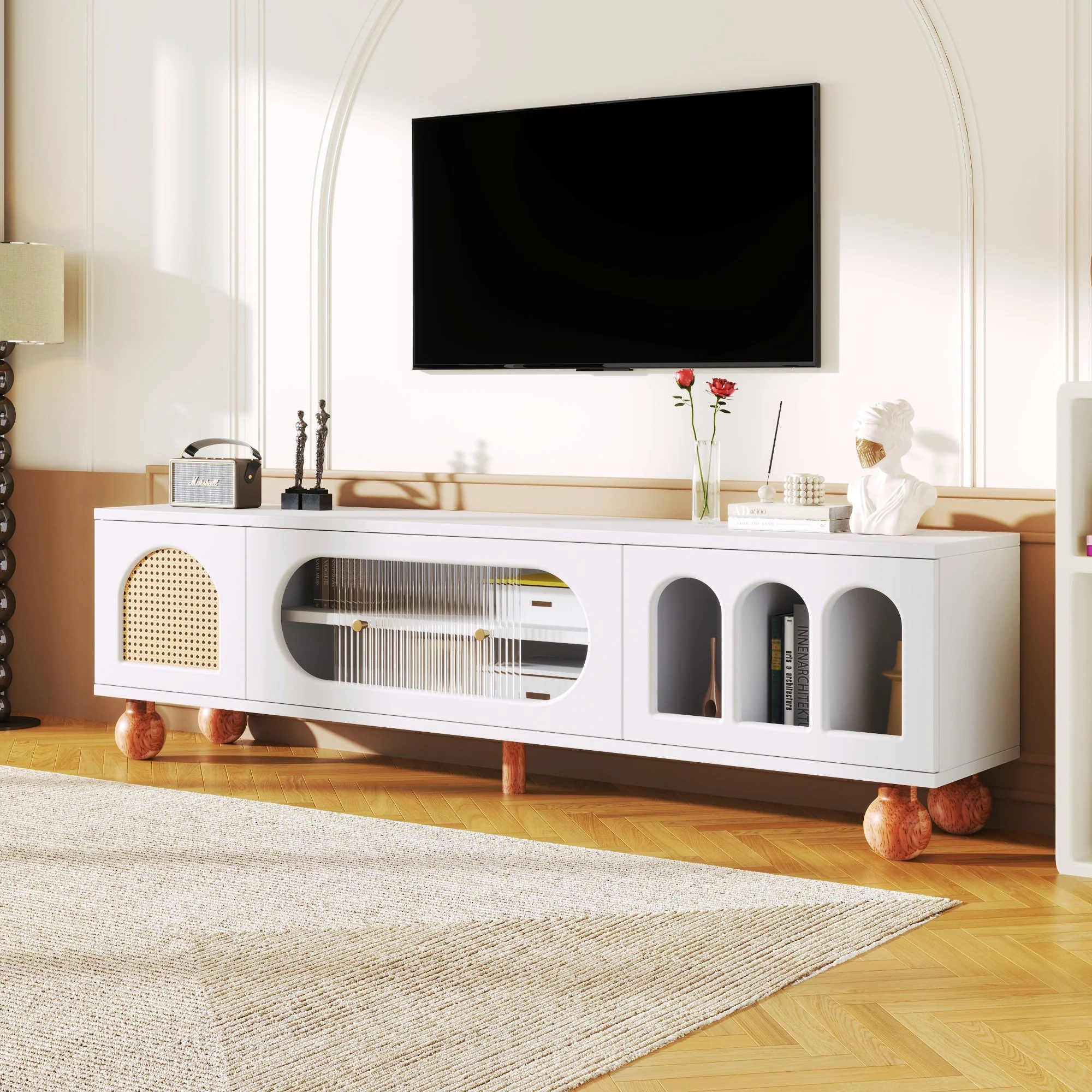 TV Cabinet, Rattan-like Sliding Glass Door, Gold Handles, Wood - Image 6