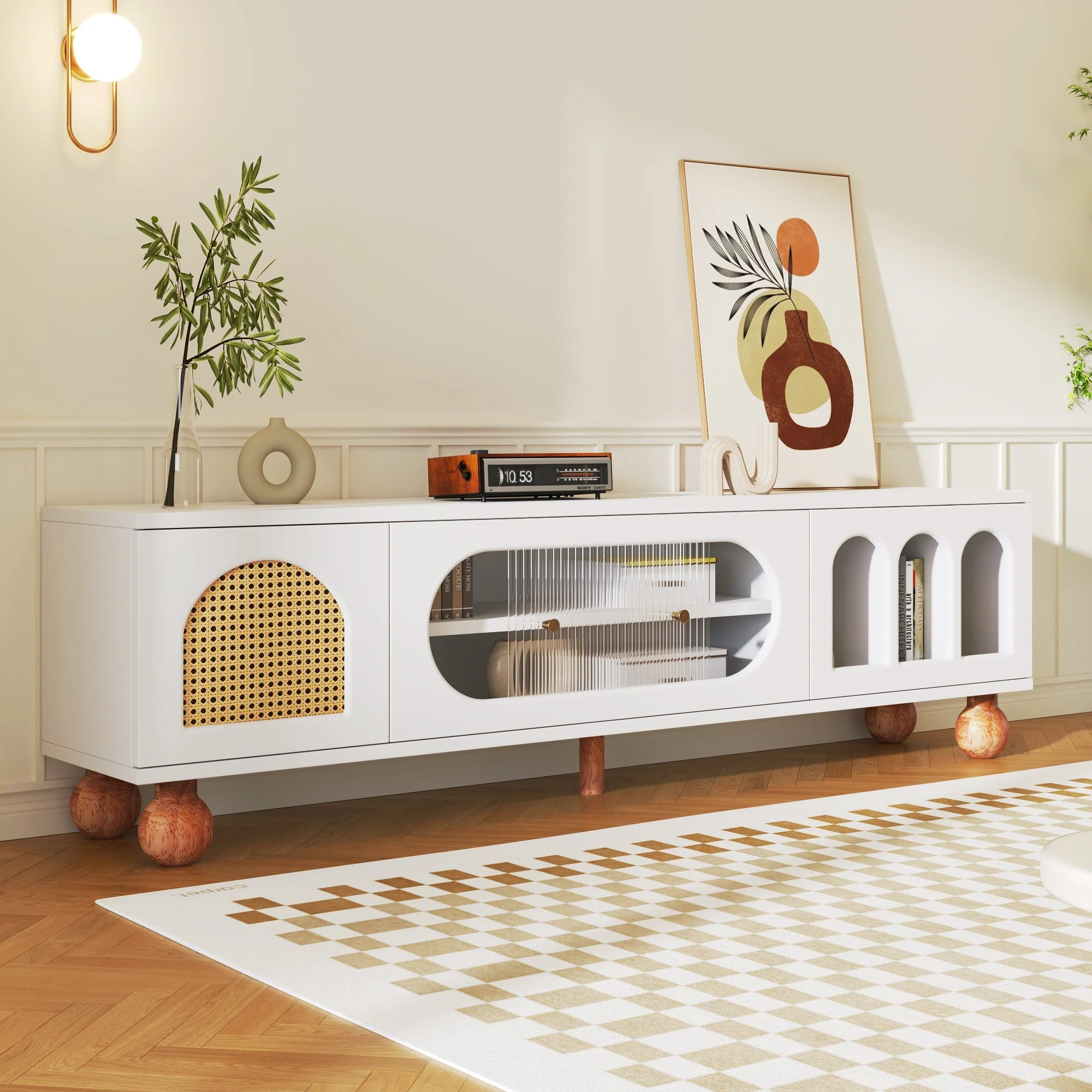 TV Cabinet, Rattan-like Sliding Glass Door, Gold Handles, Wood - Image 7
