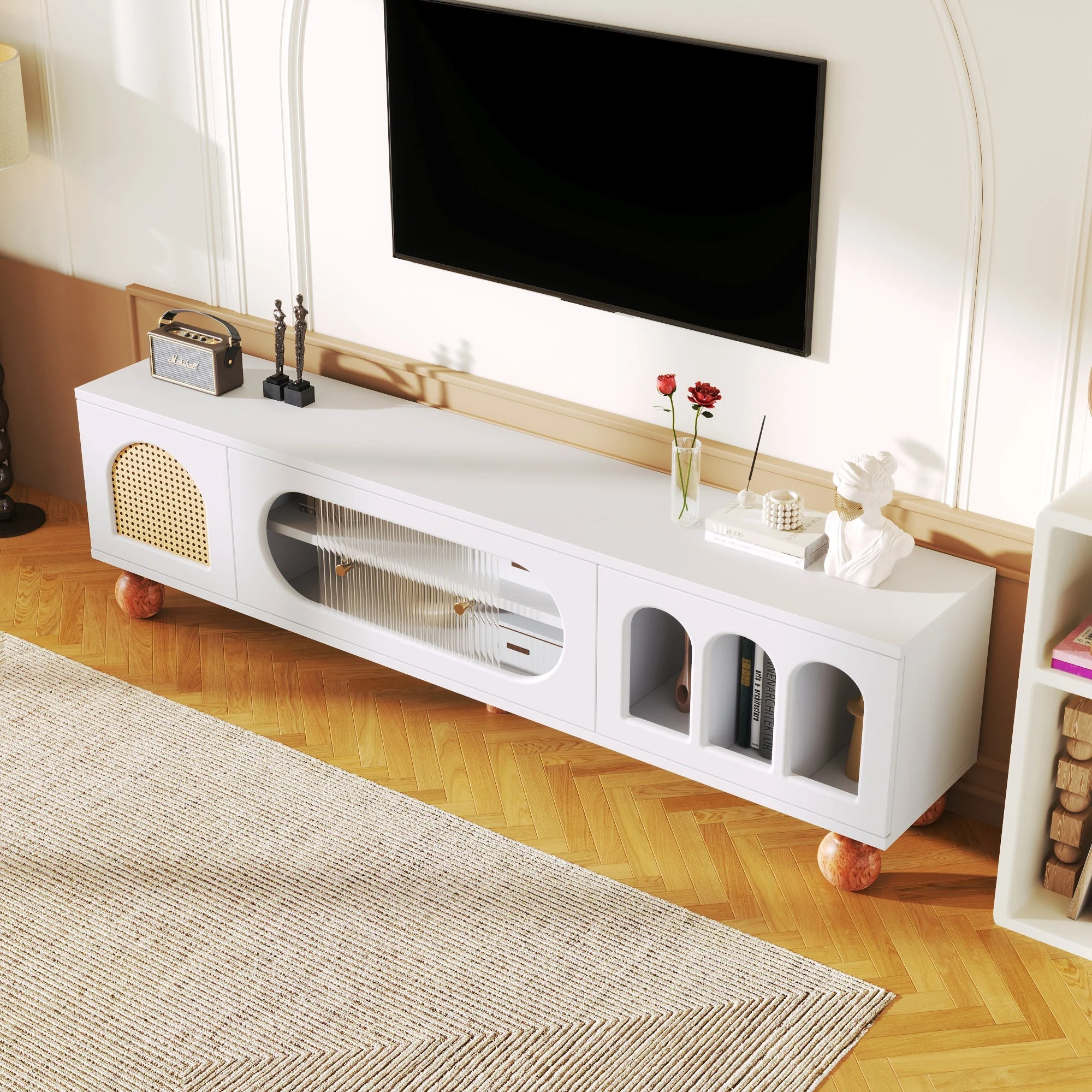 TV Cabinet, Rattan-like Sliding Glass Door, Gold Handles, Wood - Image 9