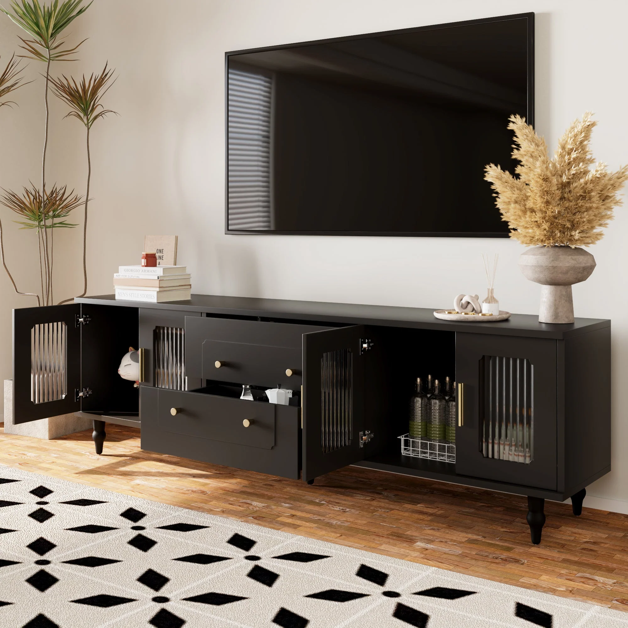TV Cabinet, Retro Lowboard with Gold Handles, Glass Door, Solid Wood Legs - Image 4