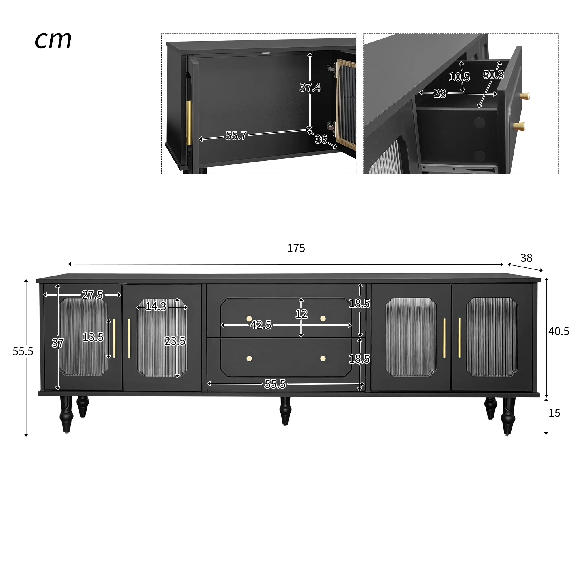 TV Cabinet, Retro Lowboard with Gold Handles, Glass Door, Solid Wood Legs - Image 8