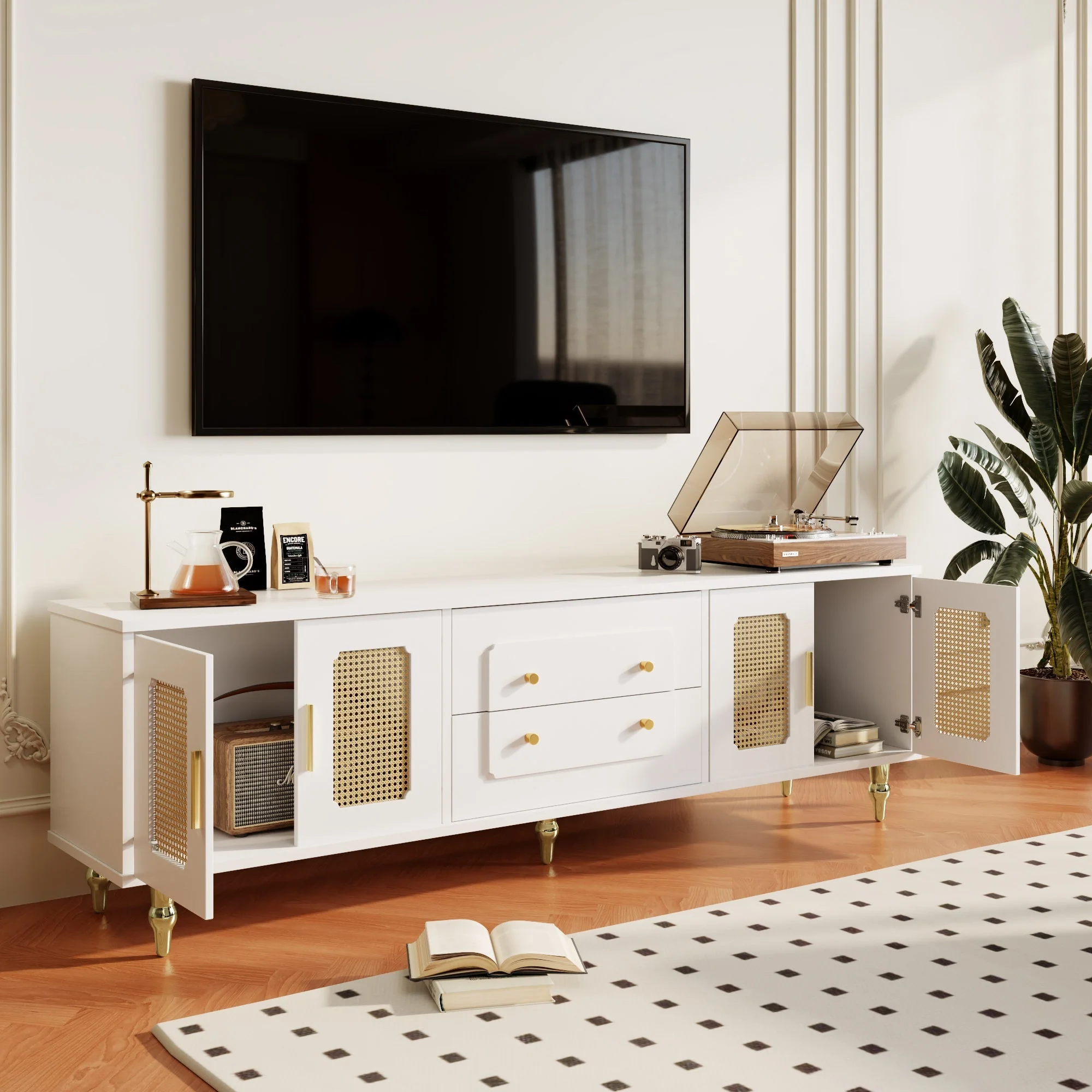 TV Cabinet, Retro Lowboard with Rattan Door & Gold Handles, Metal Legs - Image 7