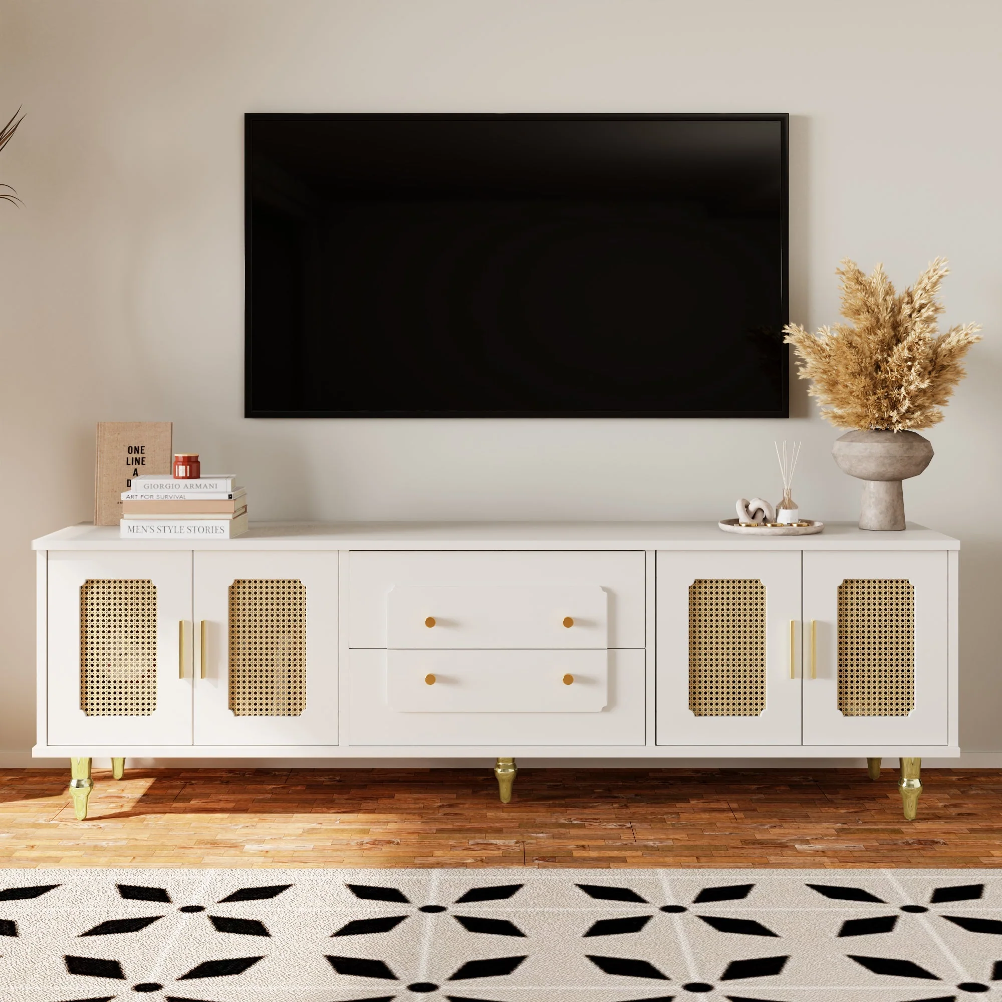 TV Cabinet, Retro Lowboard with Rattan Door & Gold Handles, Metal Legs - Image 9