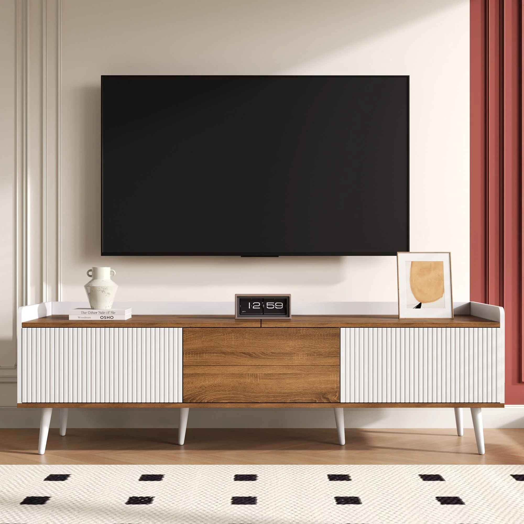 TV Cabinet Three-Door Compact Design, White and Natural Wood - Image 7
