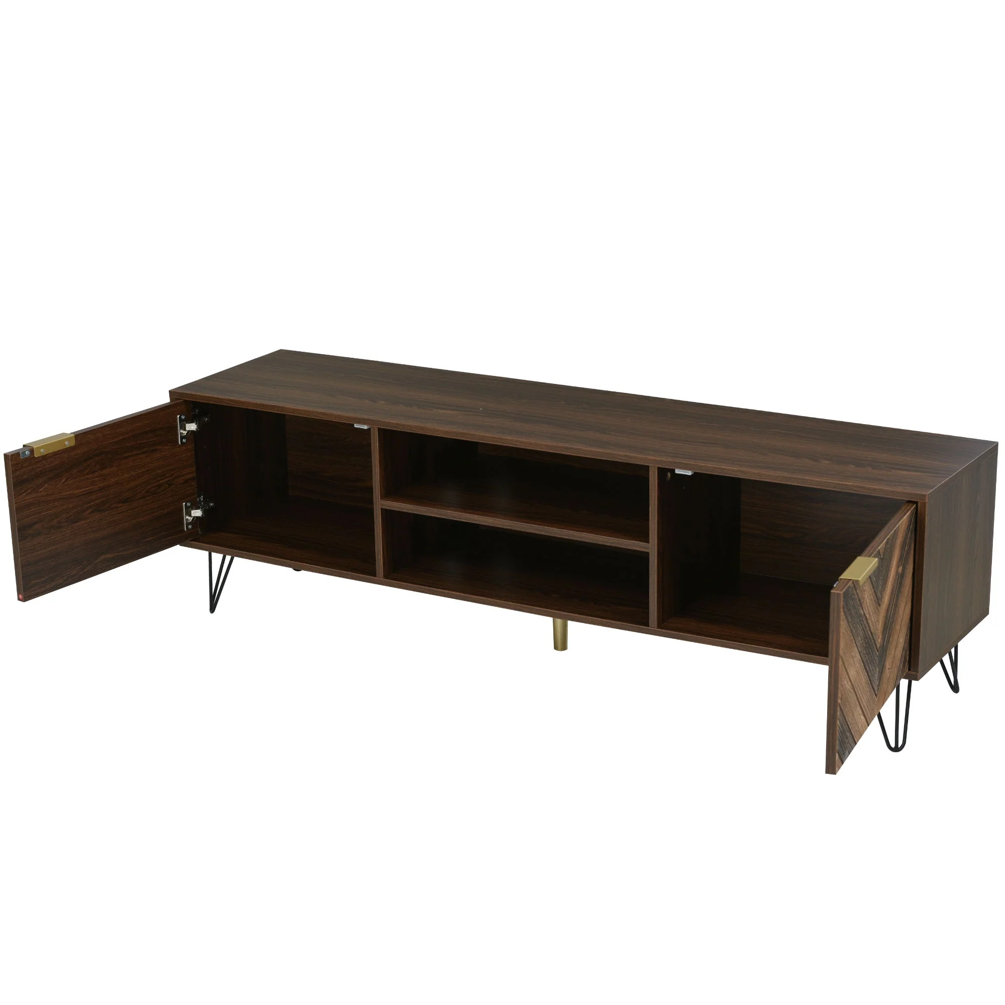 TV cabinet, two doors two compartments low panel, solid wood veneer with gold handles and iron feet - Image 11