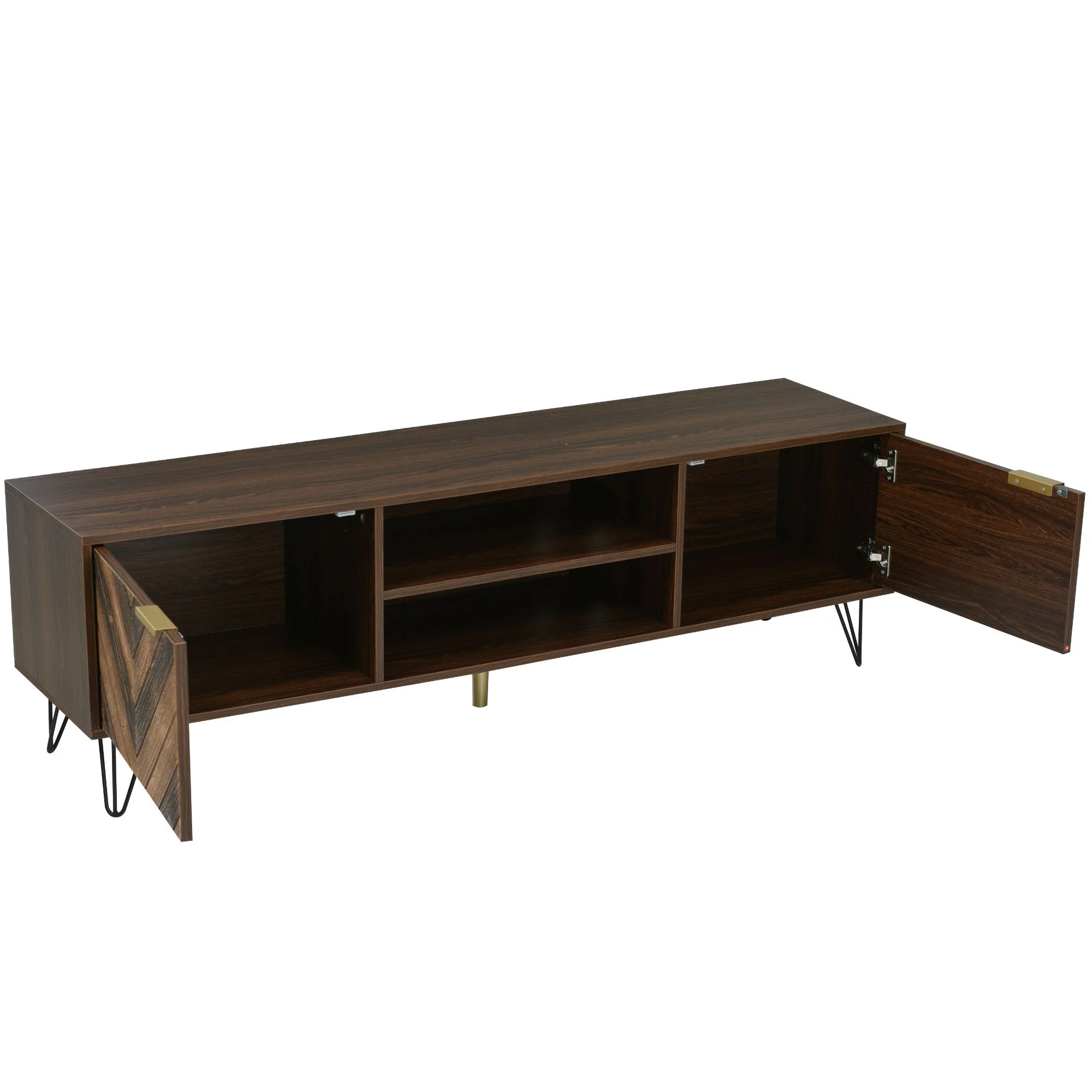 TV cabinet, two doors two compartments low panel, solid wood veneer with gold handles and iron feet - Image 12