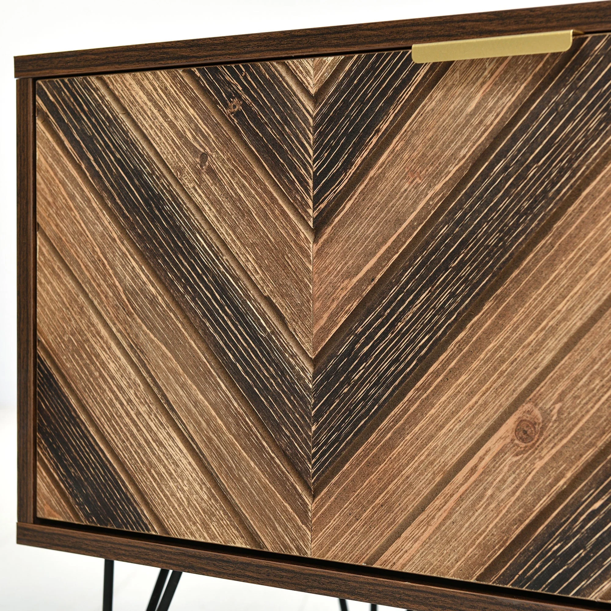 TV cabinet, two doors two compartments low panel, solid wood veneer with gold handles and iron feet - Image 8