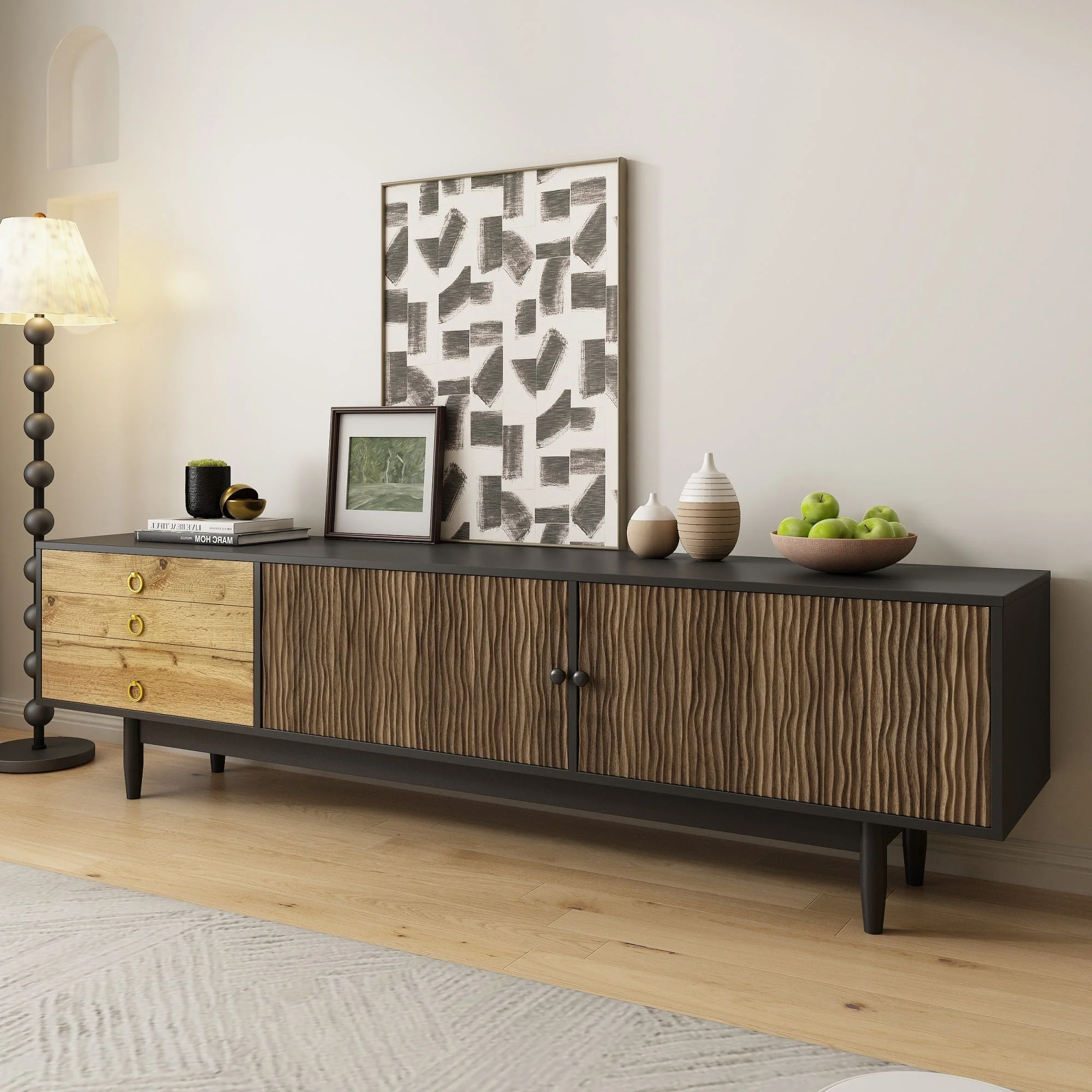 TV cabinet, water wave pattern, three drawers, wood and black - Image 8