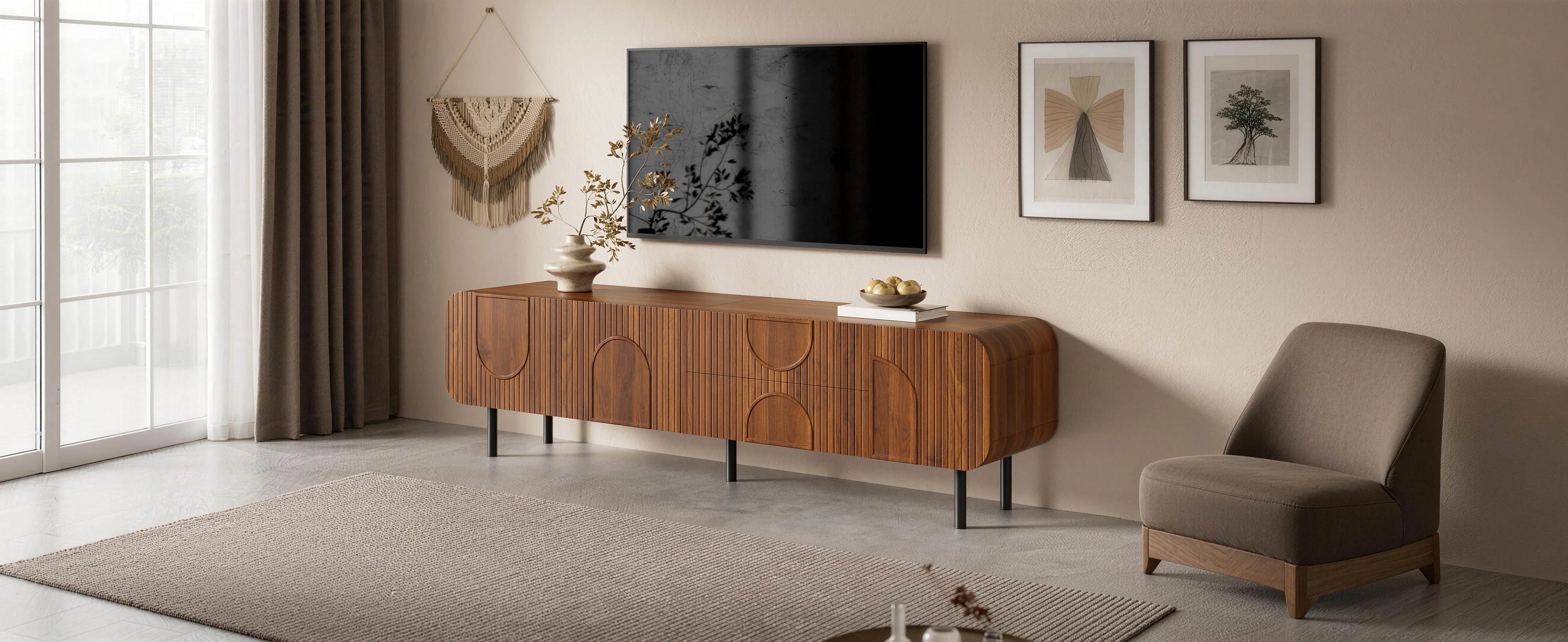 TV Cabinet with 3 Doors, 2 Drawers and Vertical Grooves, Mid-Century Style with Metal Legs - Image 6