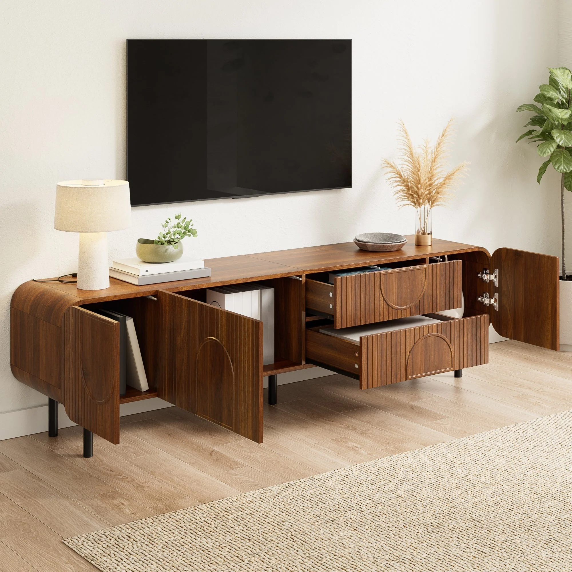 TV Cabinet with 3 Doors, 2 Drawers and Vertical Grooves, Mid-Century Style with Metal Legs - Image 9