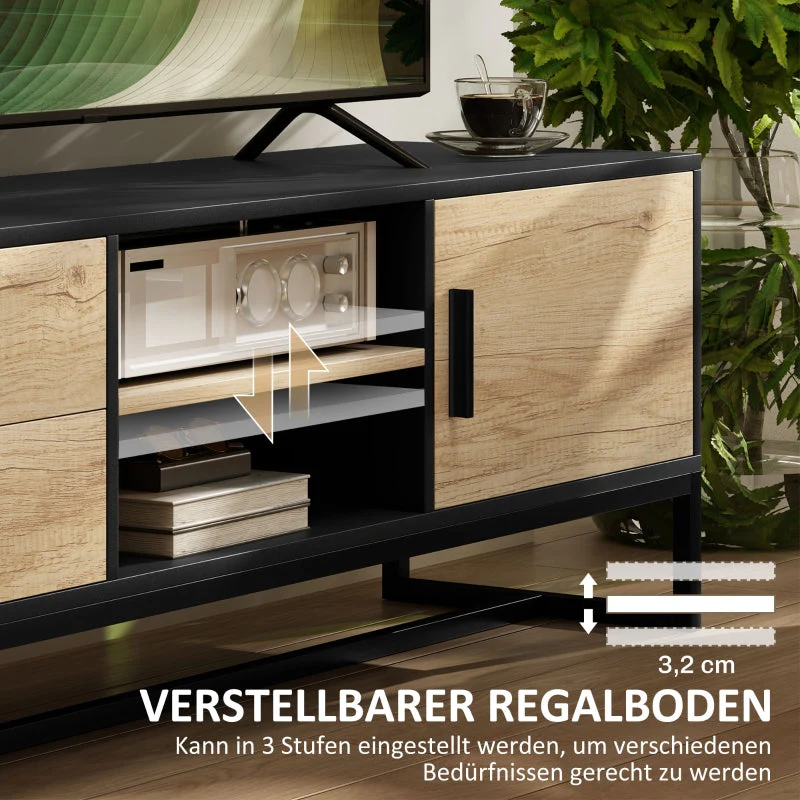 TV Cabinet with Door, 2 Drawers, Open Compartments, Adjustable Shelf, Black - Image 7