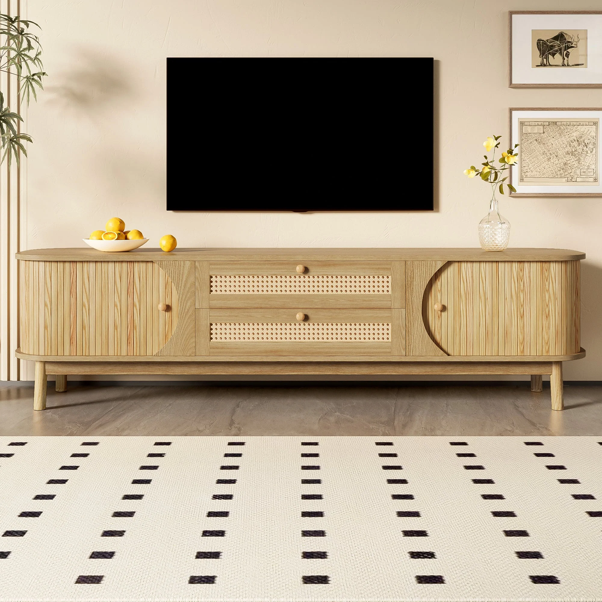 TV Cabinet with Doors, Drawers & Rattan Sides - Natural Wood Blend - Image 4