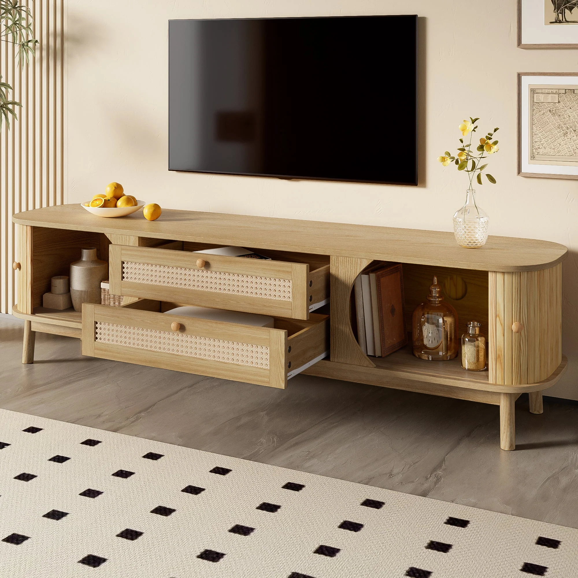TV Cabinet with Doors, Drawers & Rattan Sides - Natural Wood Blend - Image 5