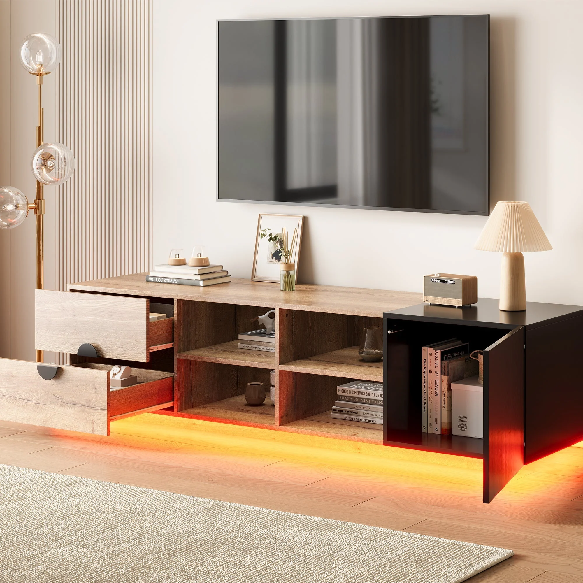 TV Cabinet with Drawer, Open Compartment and LED Lighting, Wood and Black Wood Contrast - Image 6
