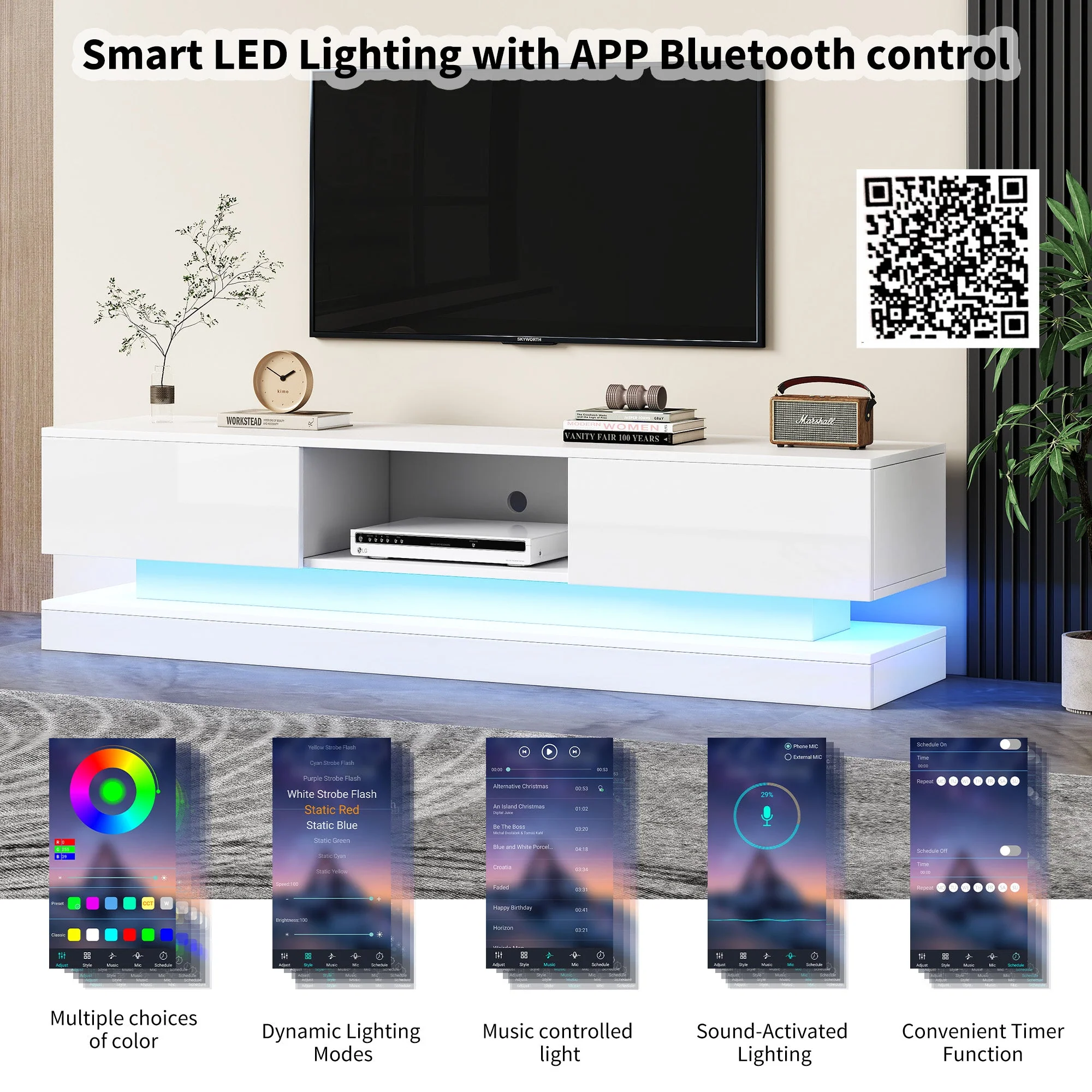 TV Cabinet with LED Lighting, 2-Drawer, Anti-Tip, for 60-inch TVs, White High-Gloss - Image 3