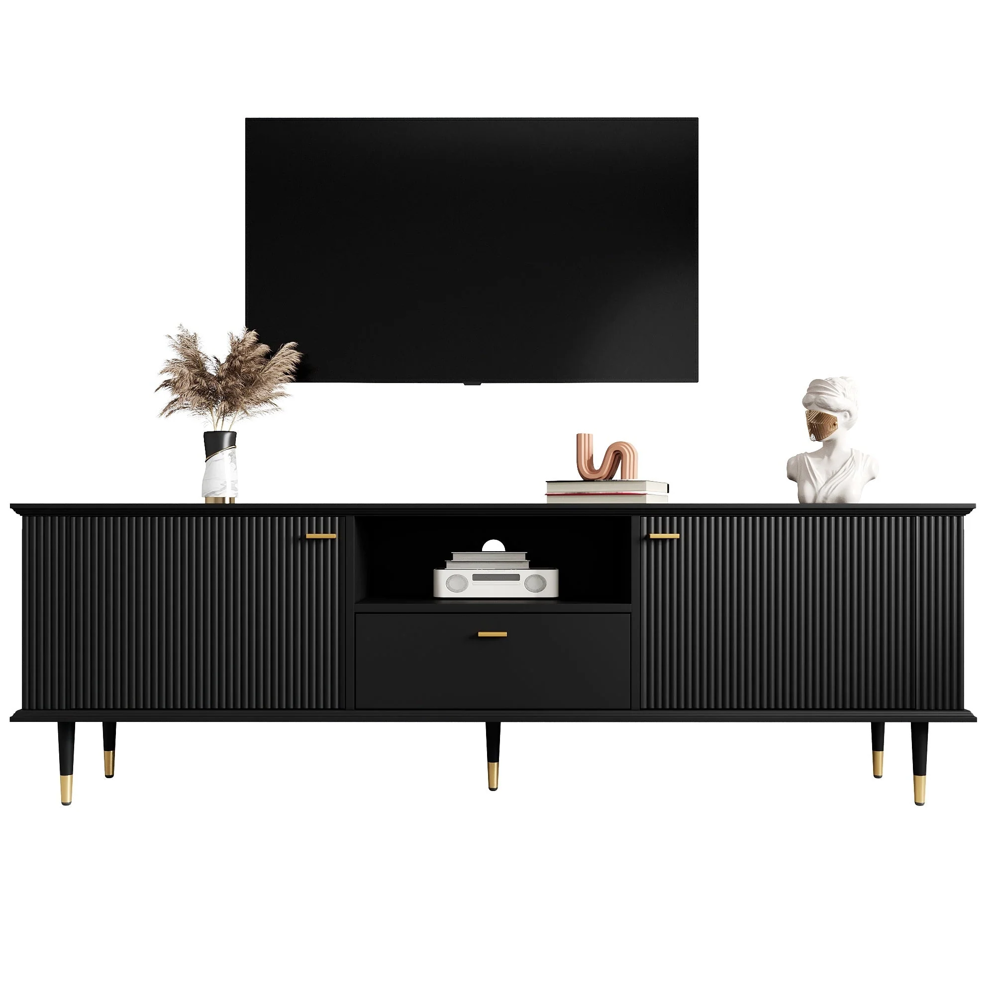 TV Cabinet with Open Compartments, Drawers and Soft-Close Hinges, Lacquered Textured Surface - Image 2