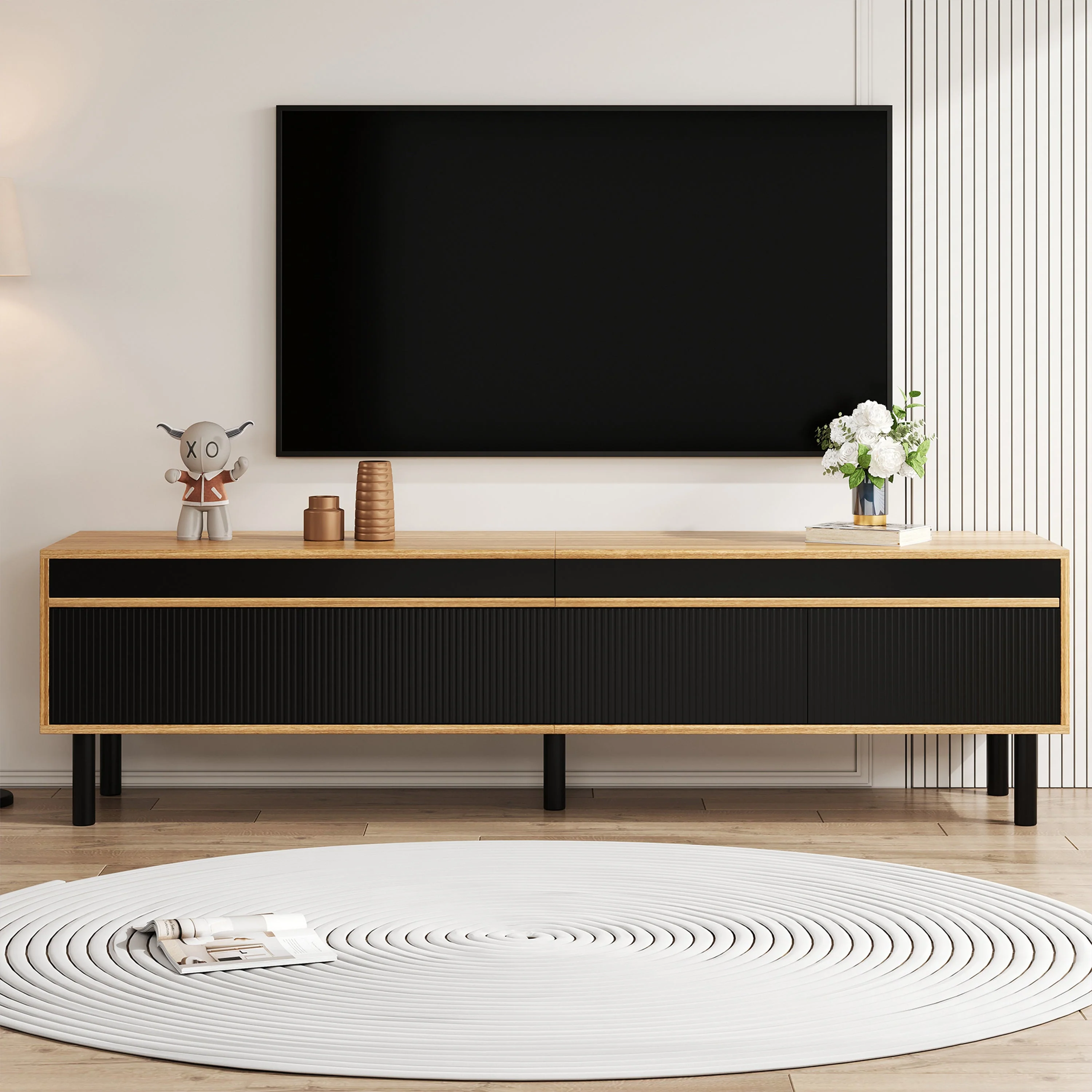 TV Cabinet with TV Panel, 4 Doors, Fine Texture, Black or Natural Wood - Image 2