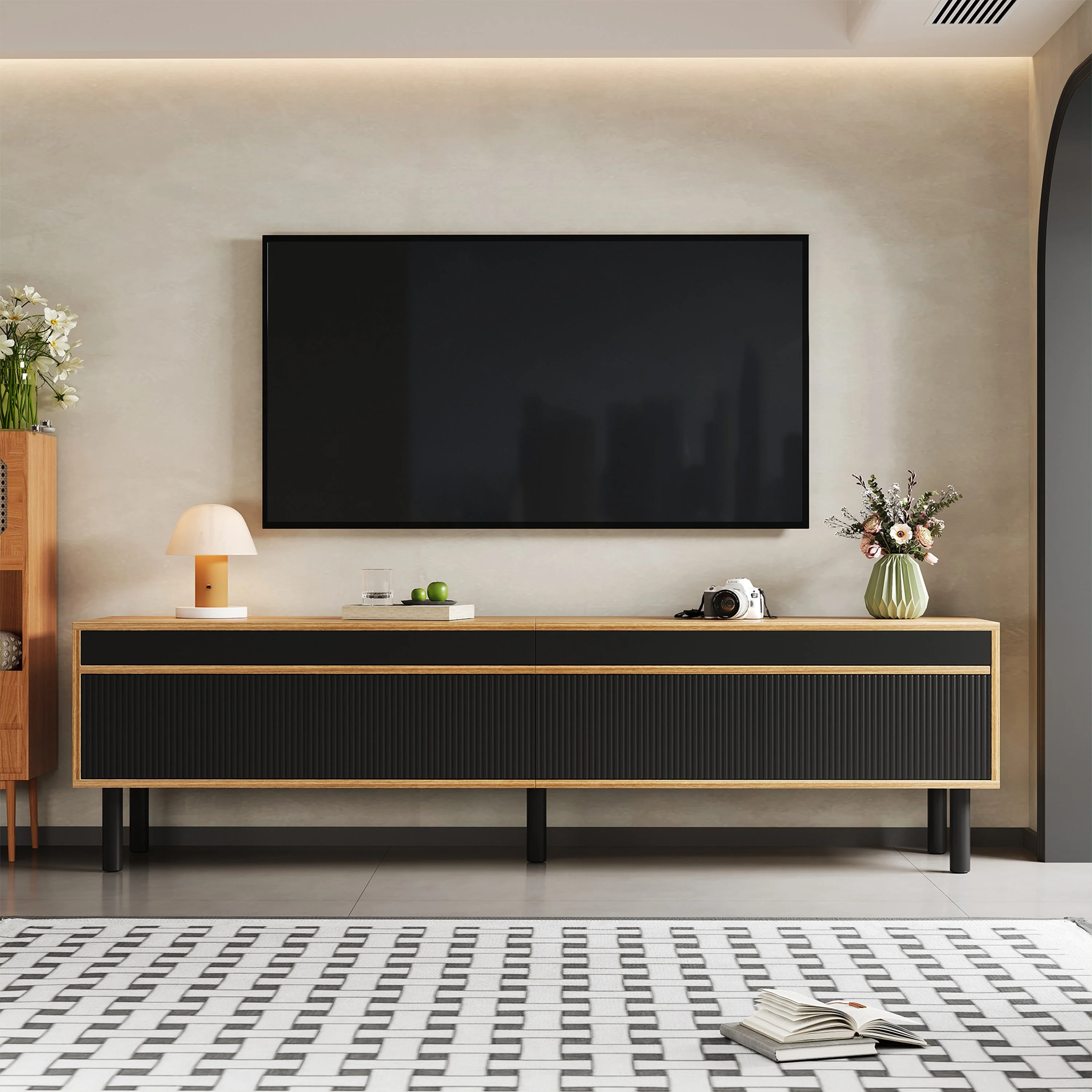 TV Cabinet with TV Panel, 4 Doors, Fine Texture, Black or Natural Wood - Image 9