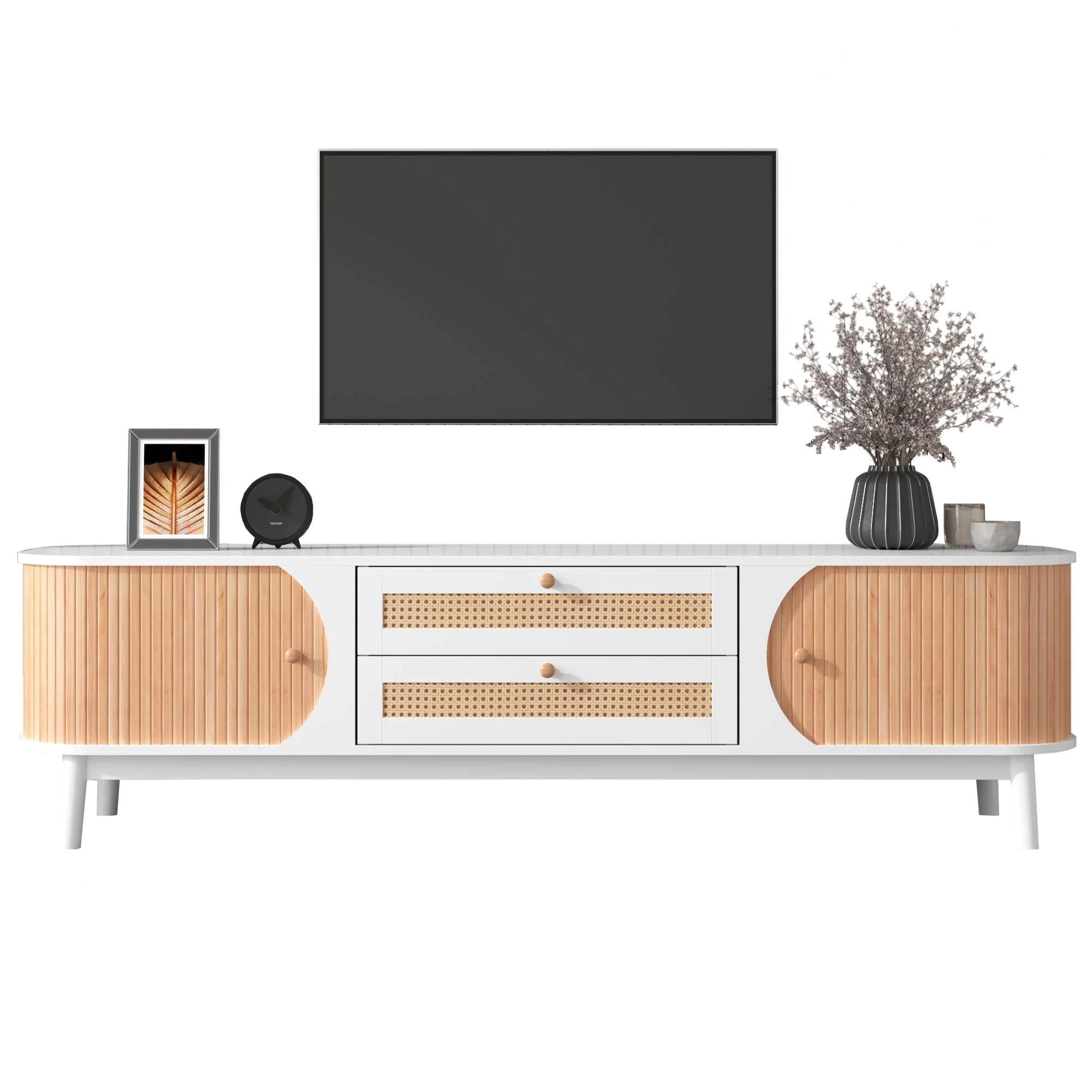 TV Cabinet Wood Blend, Doors Drawers Rattan Sides, Natural Country Style - Image 5