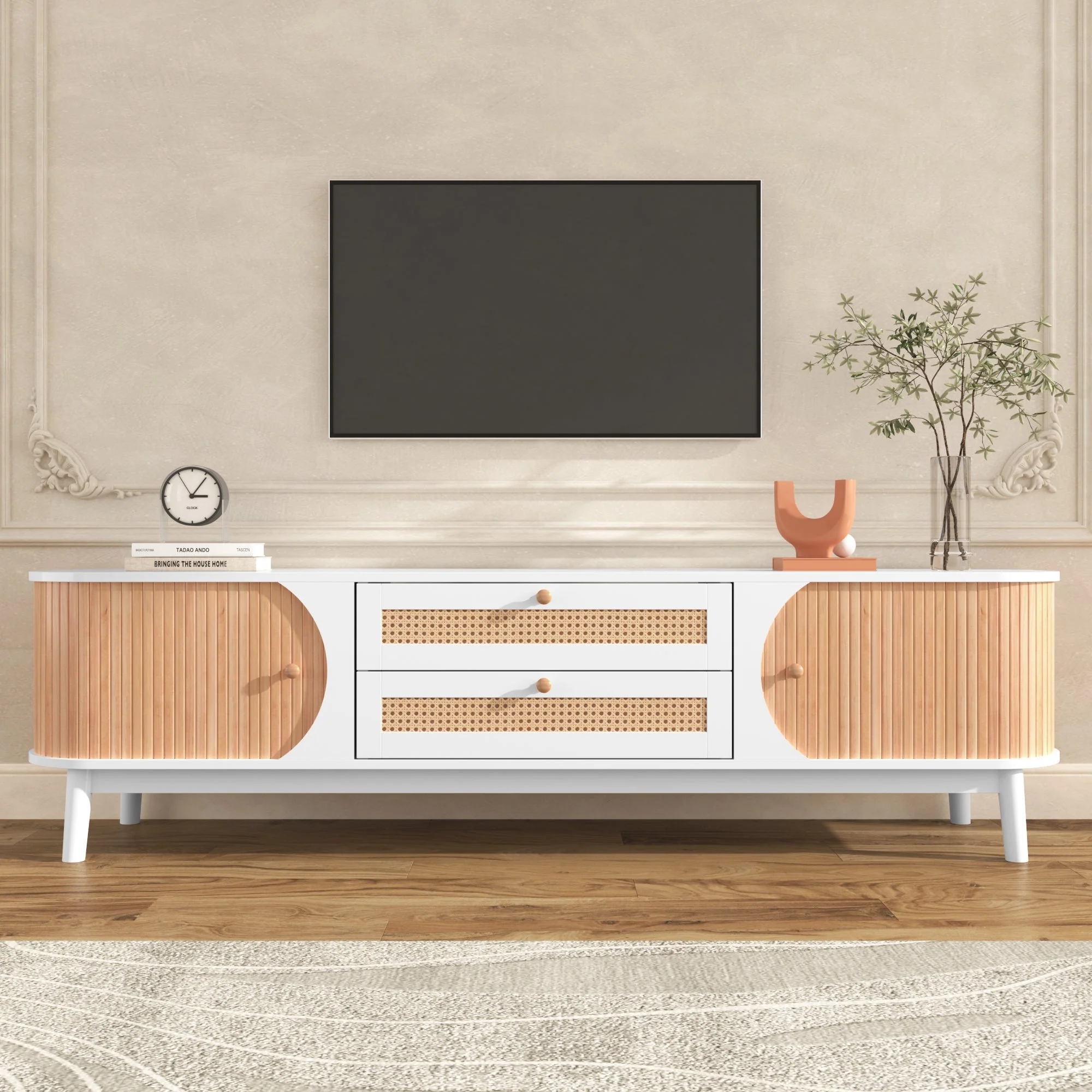 TV Cabinet Wood Blend, Doors Drawers Rattan Sides, Natural Country Style - Image 6