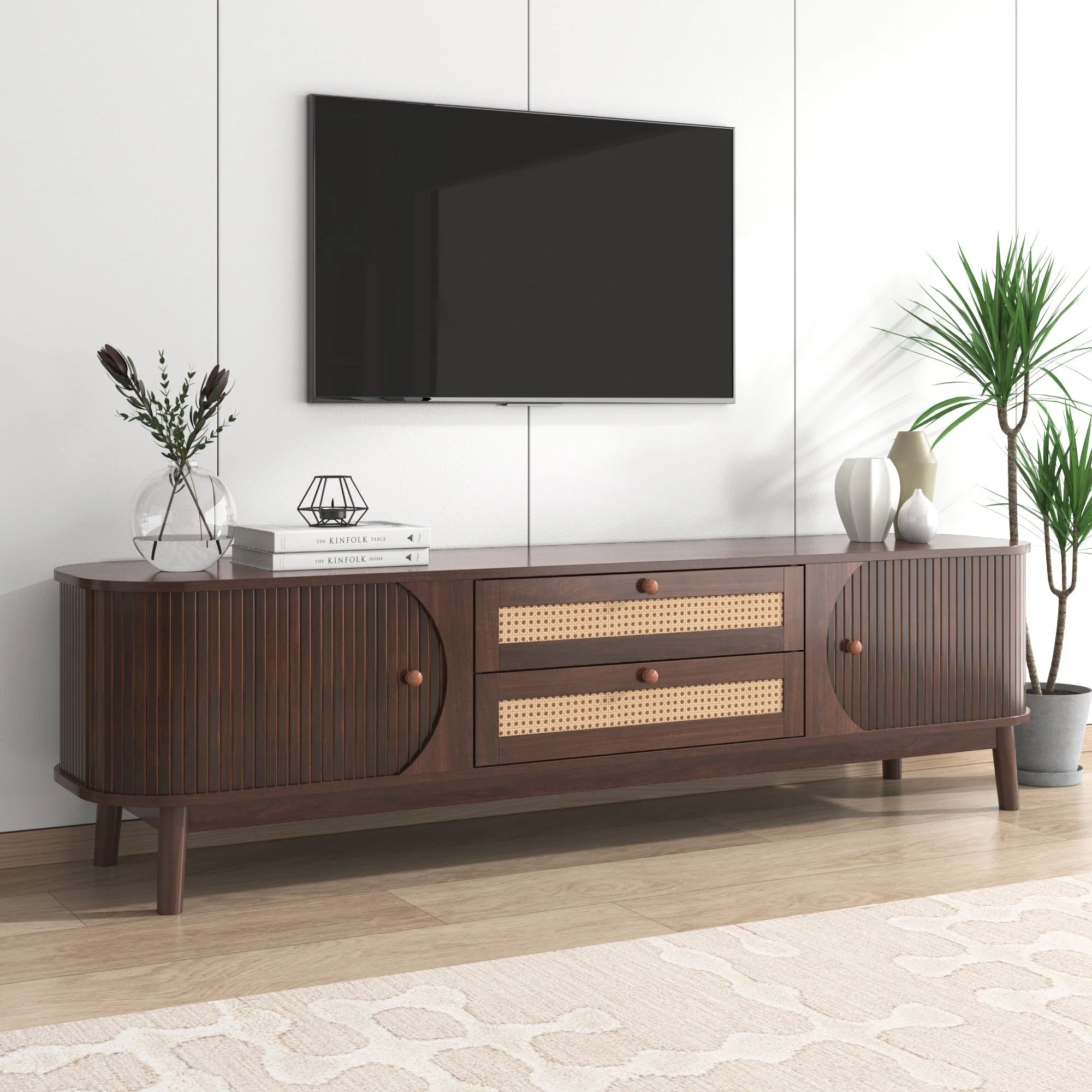 TV Cabinet, Wood Blend with Rattan Sides, Natural - Image 8