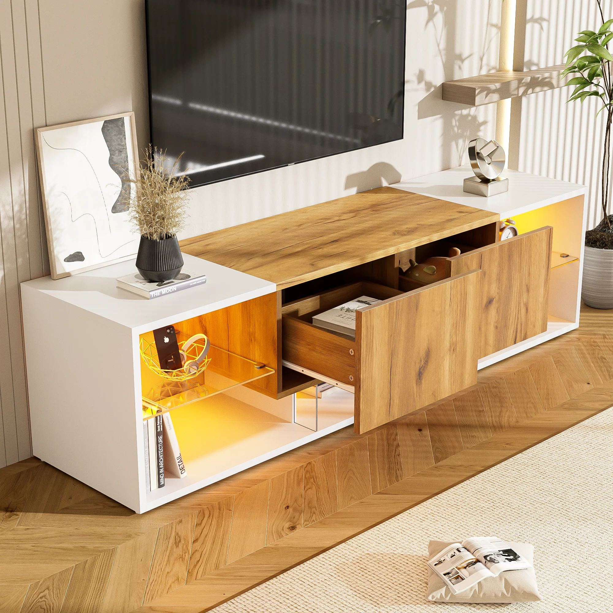 TV Console Cabinet 3-Tier Entertainment Center Glass Shelf 2 Drawers, White - Image 2