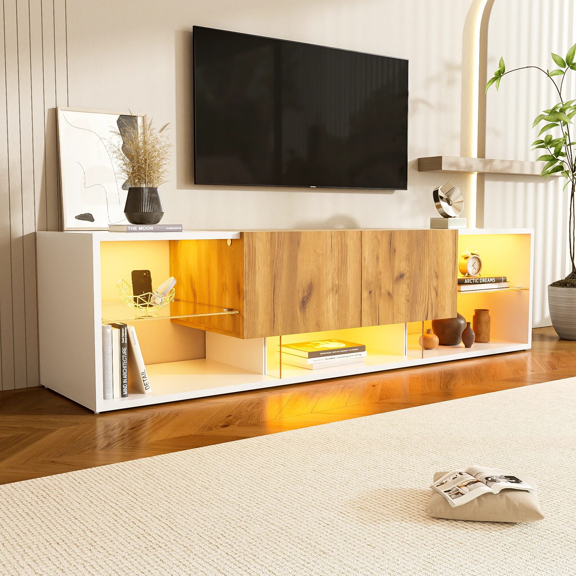 TV Console Cabinet 3-Tier Entertainment Center Glass Shelf 2 Drawers, White - Image 3