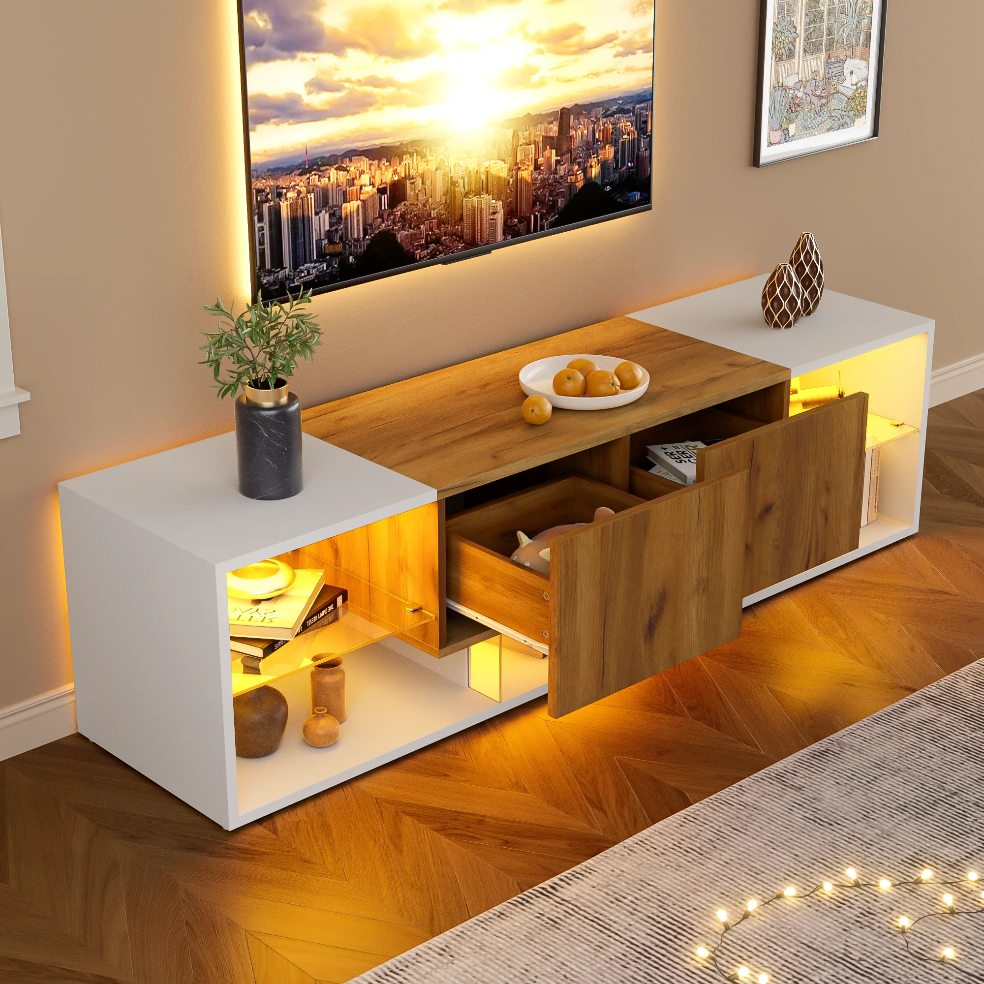 TV Console Cabinet 3-Tier Entertainment Center Glass Shelf 2 Drawers, White - Image 4