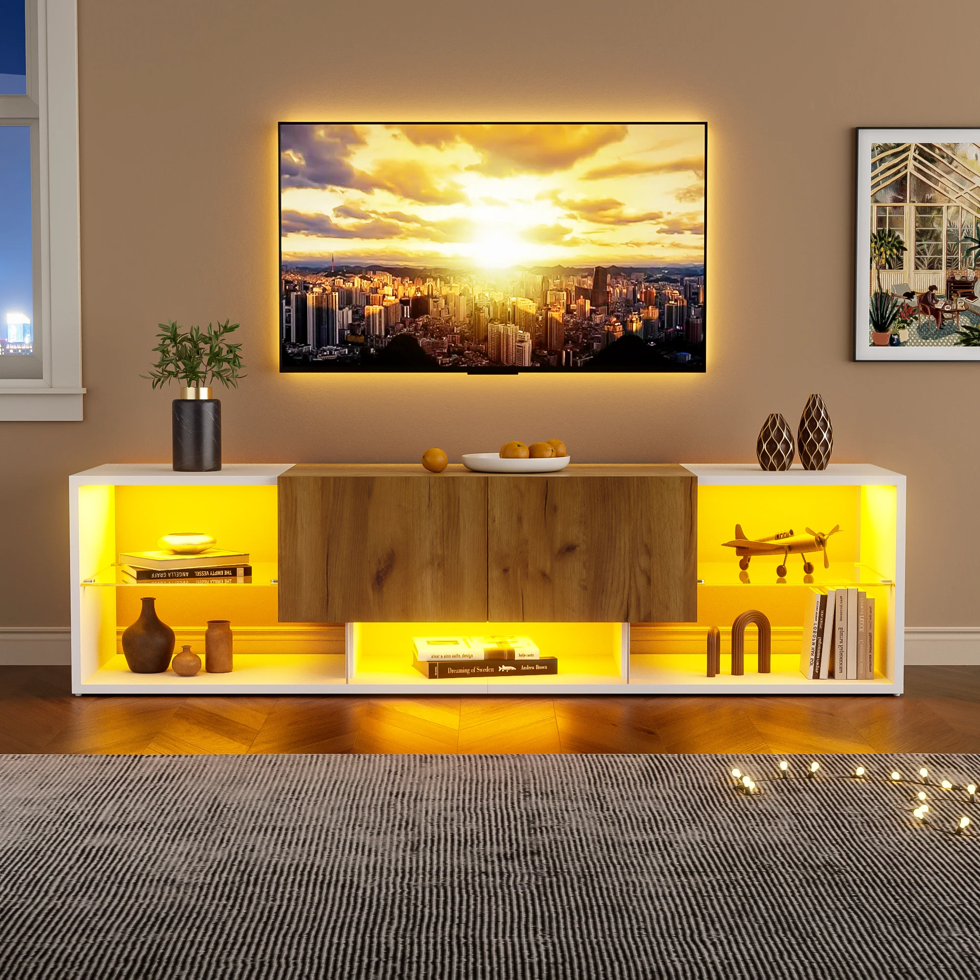 TV Console Cabinet 3-Tier Entertainment Center Glass Shelf 2 Drawers, White - Image 6