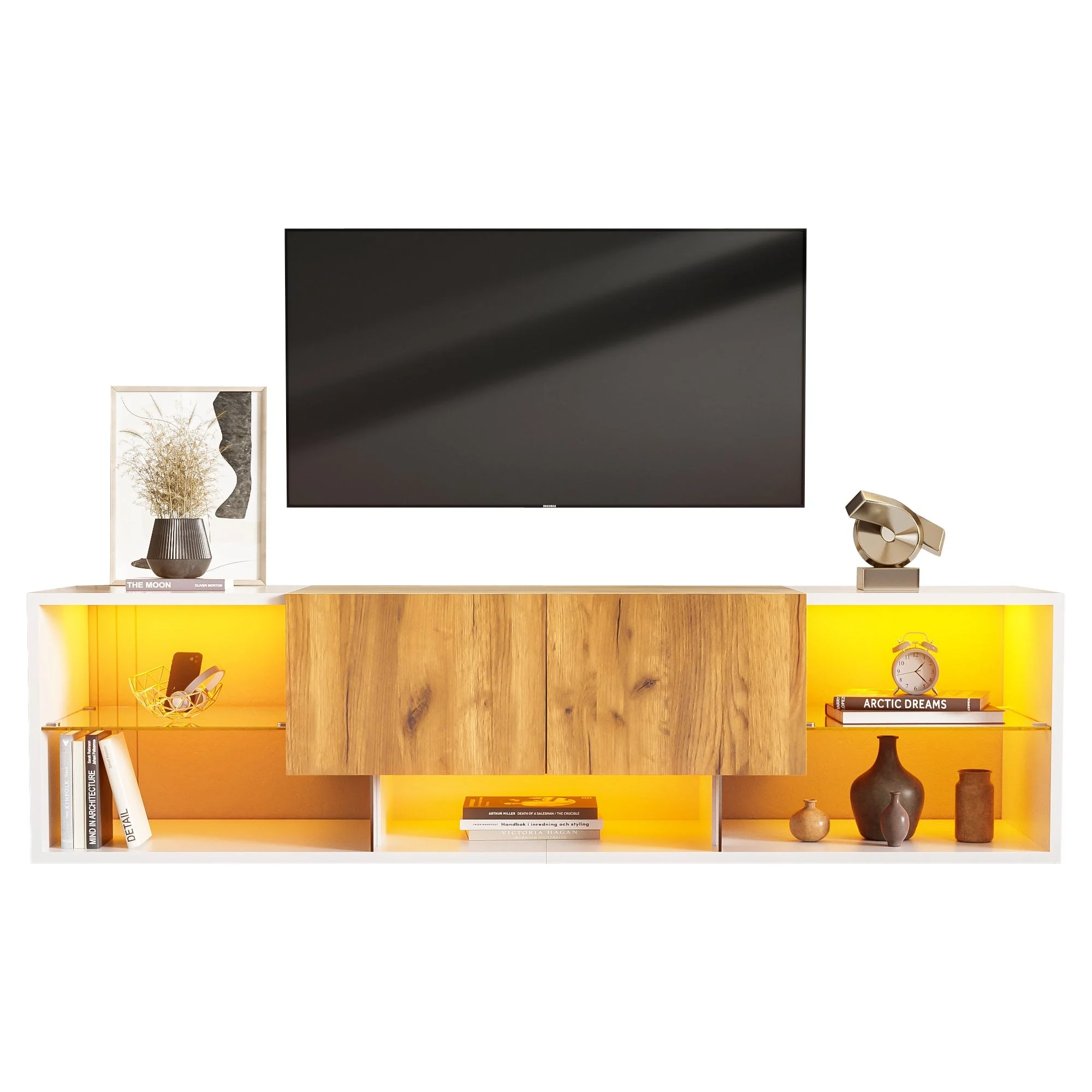 TV Console Cabinet 3-Tier Entertainment Center Glass Shelf 2 Drawers, White - Image 7