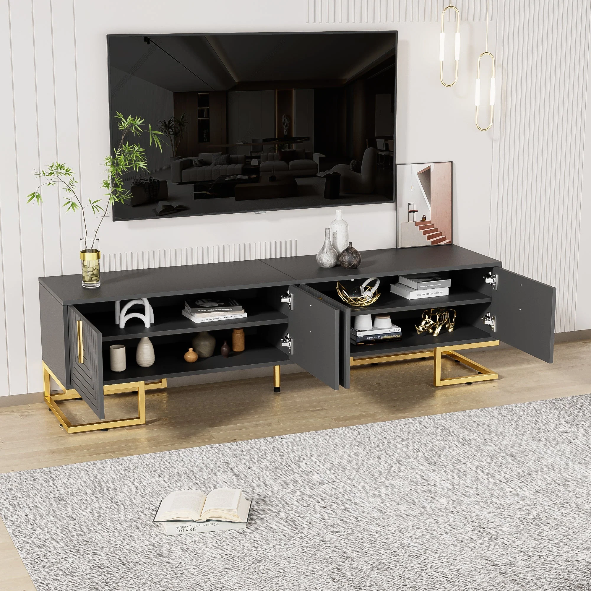 TV Lowboard Textured Door Gold Handles Gold Feet - Image 2