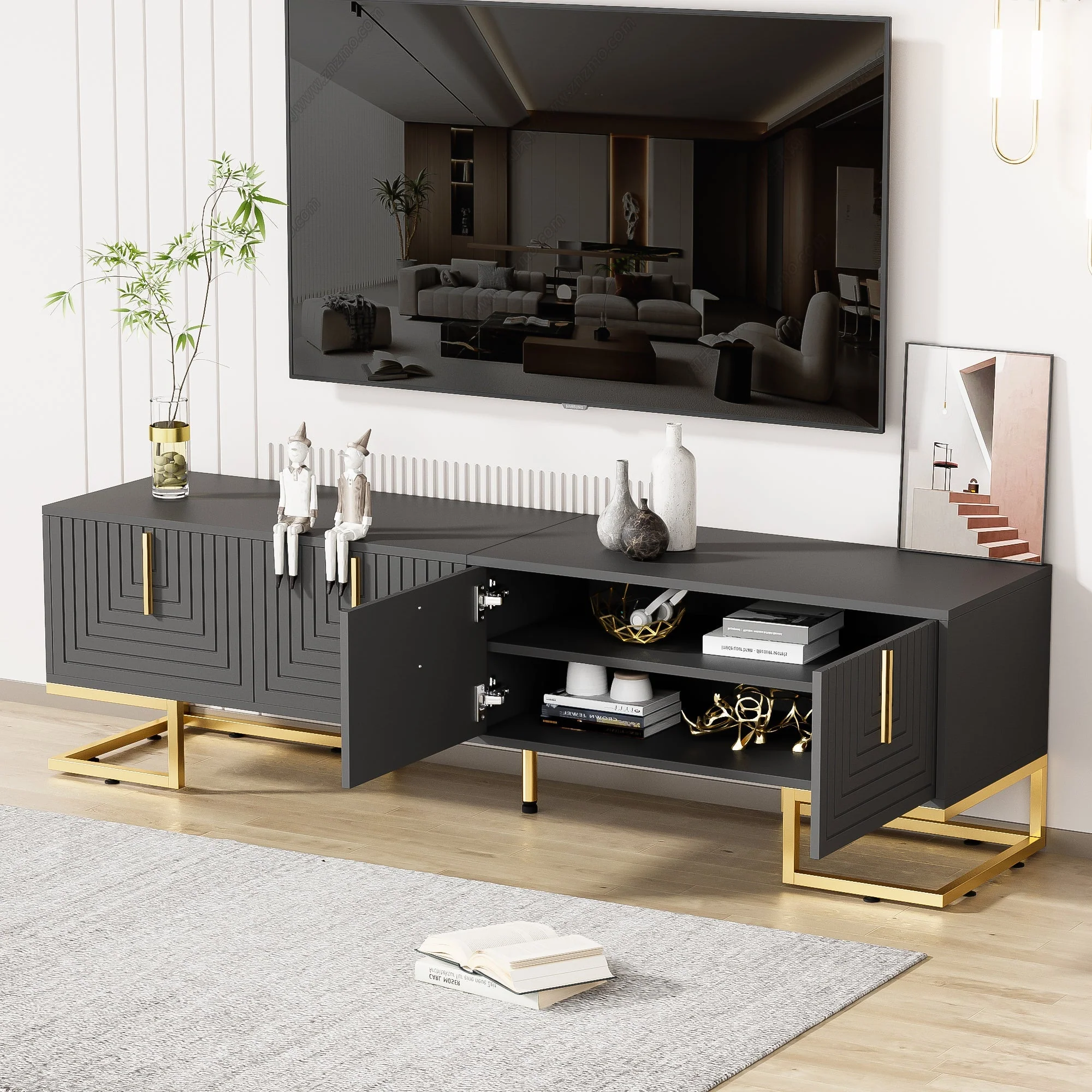 TV Lowboard Textured Door Gold Handles Gold Feet - Image 3