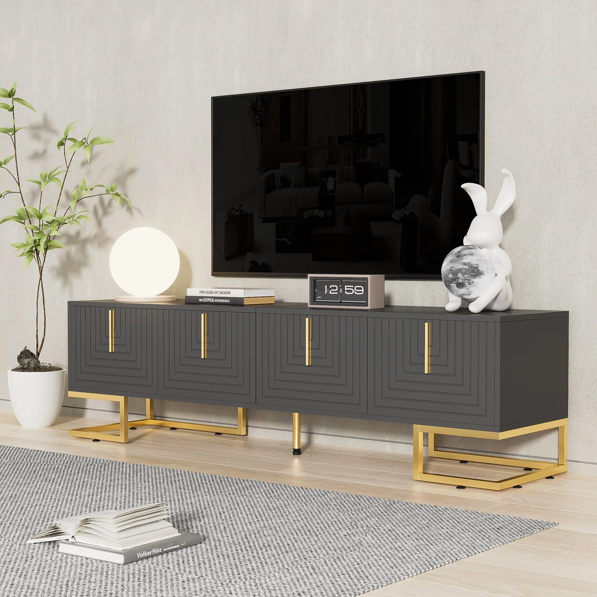 TV Lowboard Textured Door Gold Handles Gold Feet - Image 5