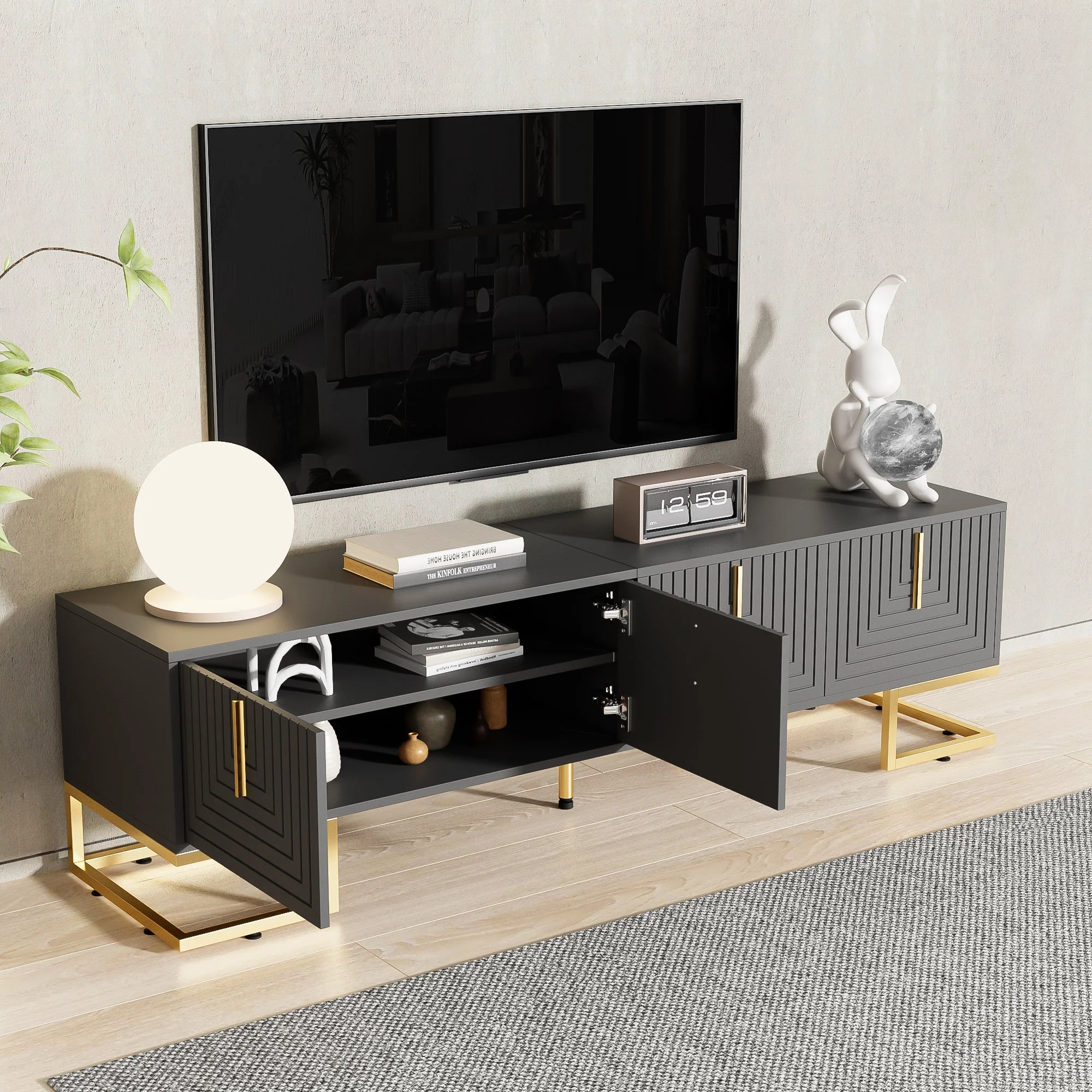 TV Lowboard Textured Door Gold Handles Gold Feet - Image 6