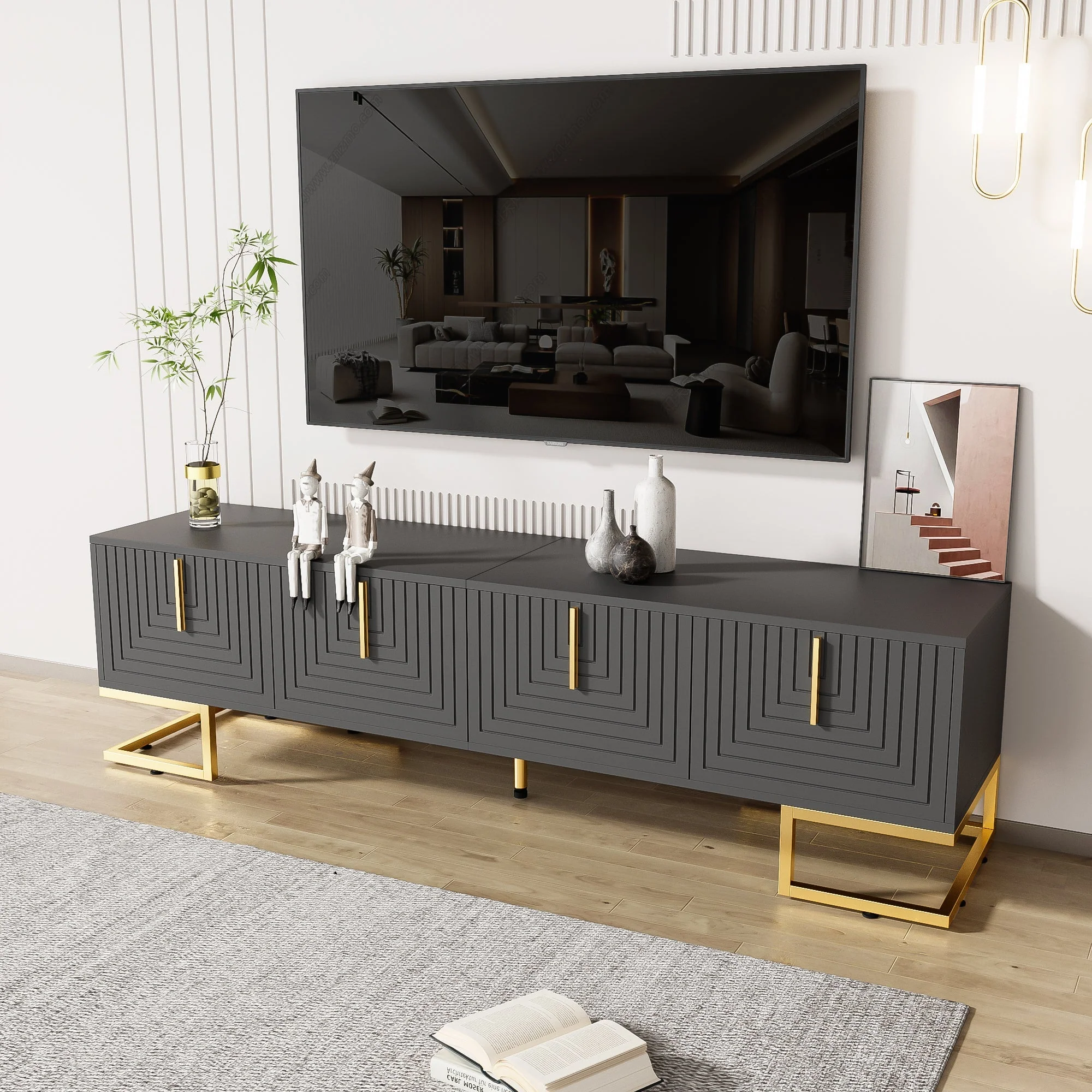 TV Lowboard Textured Door Gold Handles Gold Feet - Image 7