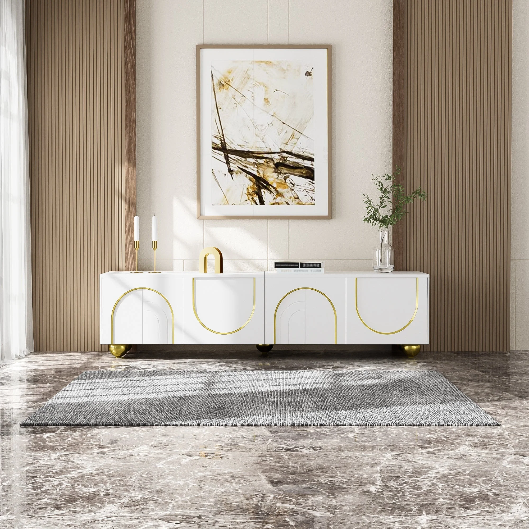 TV Lowboard with Textured Doors, Drawers & Open Compartments - Gold - Image 5