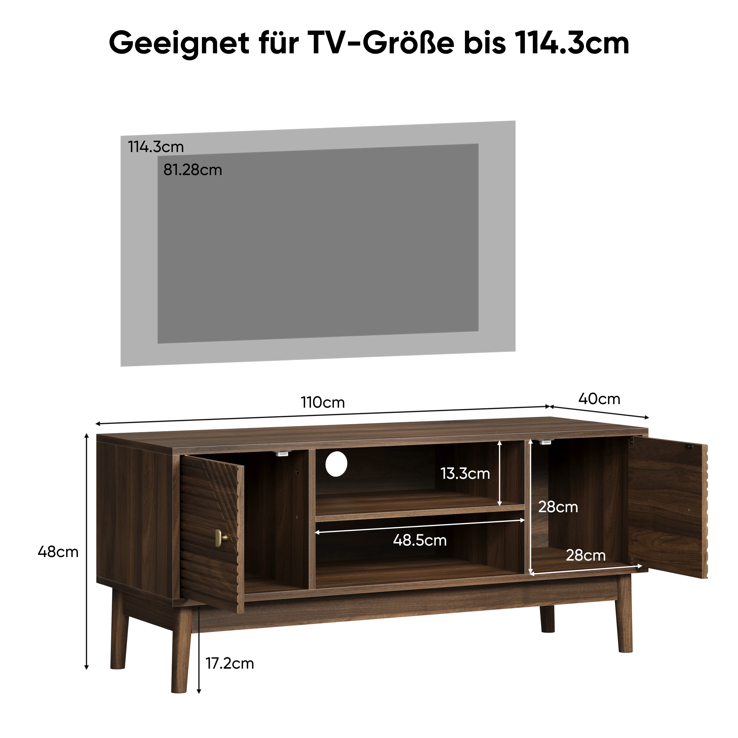 TV Stand, 110cm Mid-Century Modern with Storage Space, Walnut - Image 2