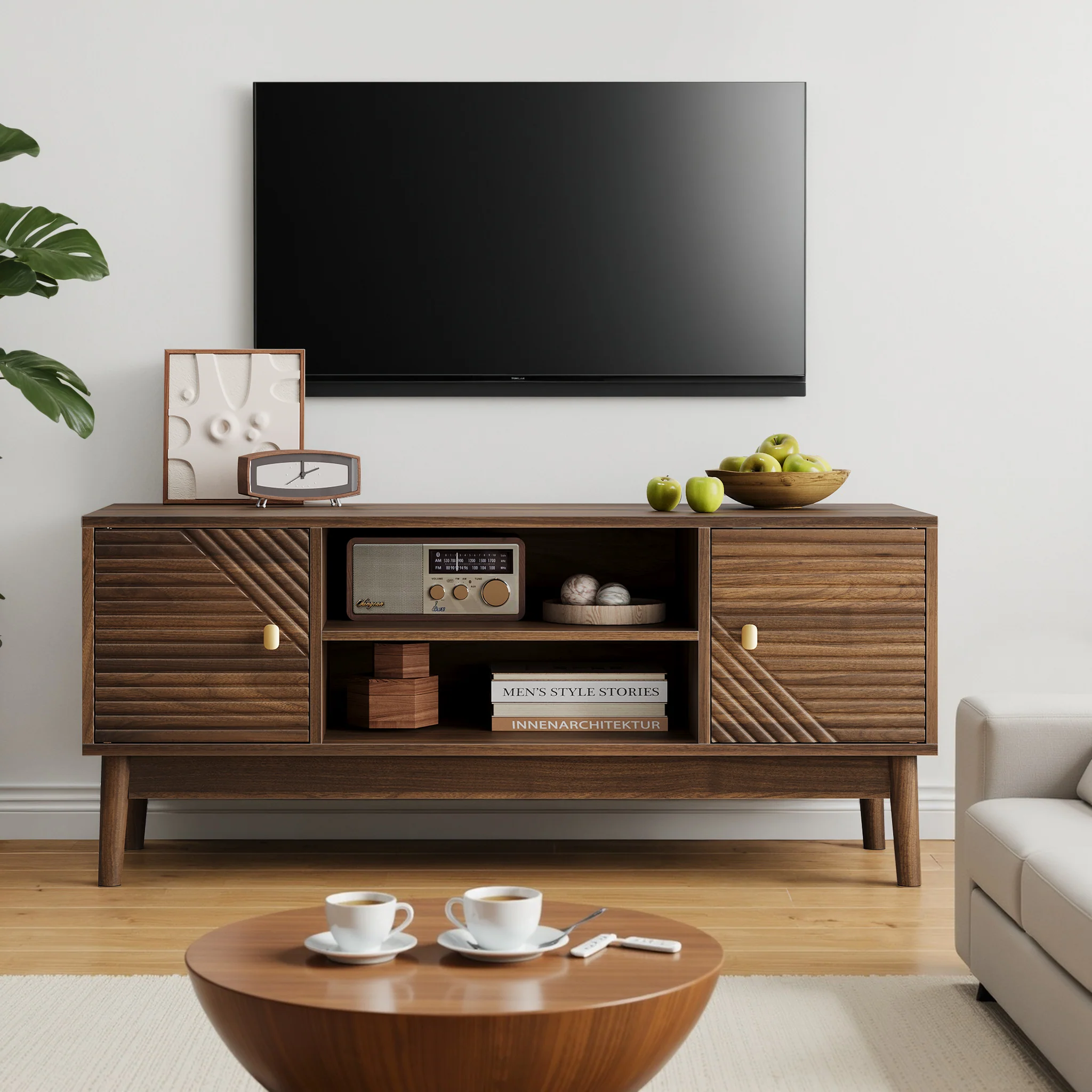 TV Stand, 110cm Mid-Century Modern with Storage Space, Walnut - Image 3