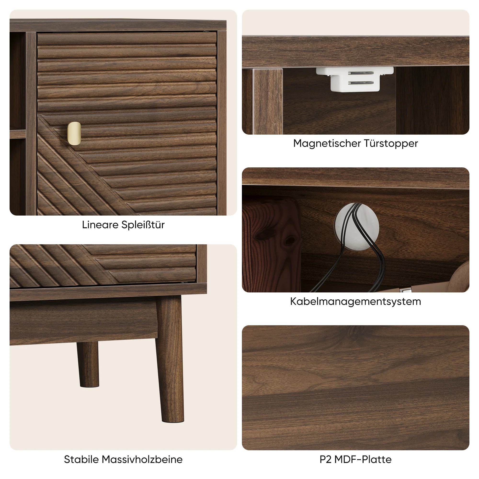 TV Stand, 110cm Mid-Century Modern with Storage Space, Walnut - Image 5