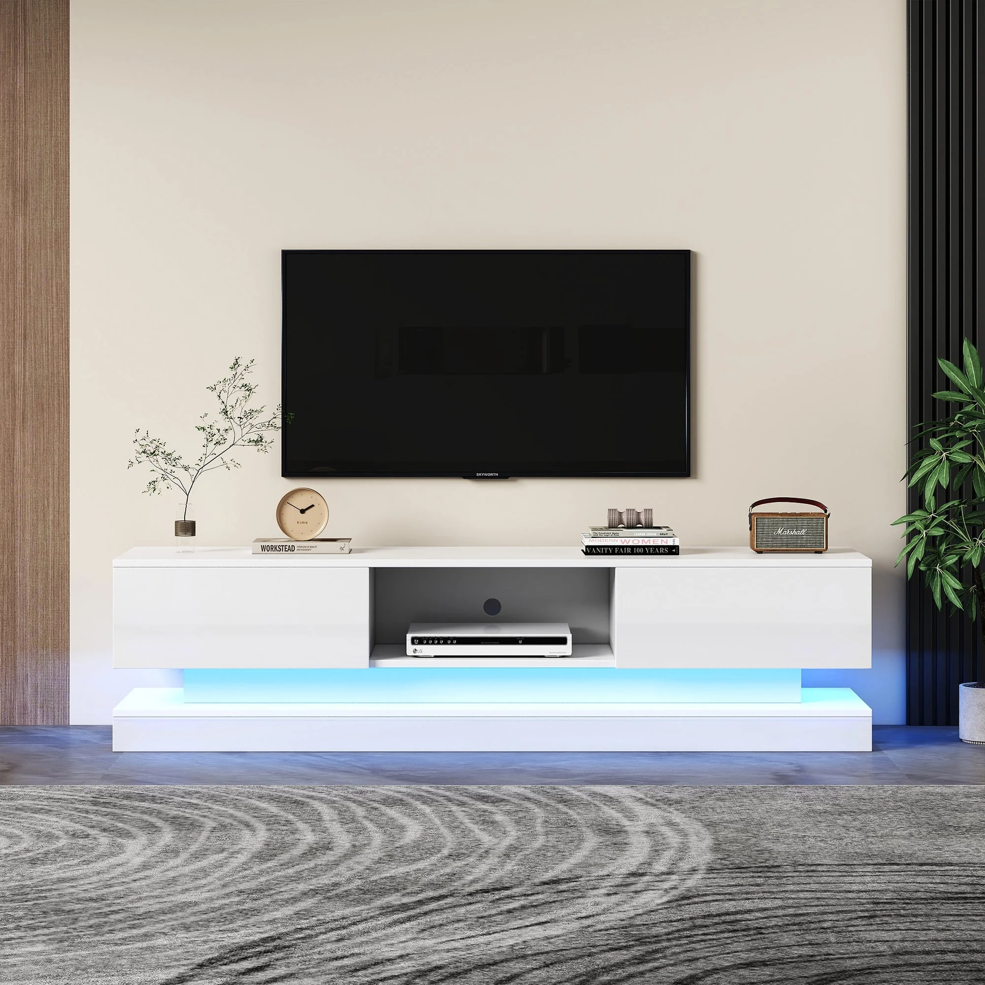 TV Stand 160 cm, with 16 Colour RGB LED Lights, High Gloss Front, 2 Drawers, 1 Open Storage Space, for 70-79 inch TVs, White - Image 2