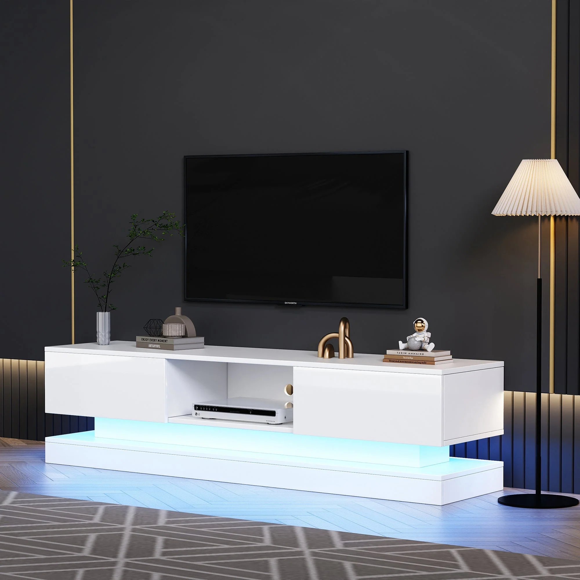 TV Stand 160 cm, with 16 Colour RGB LED Lights, High Gloss Front, 2 Drawers, 1 Open Storage Space, for 70-79 inch TVs, White - Image 4