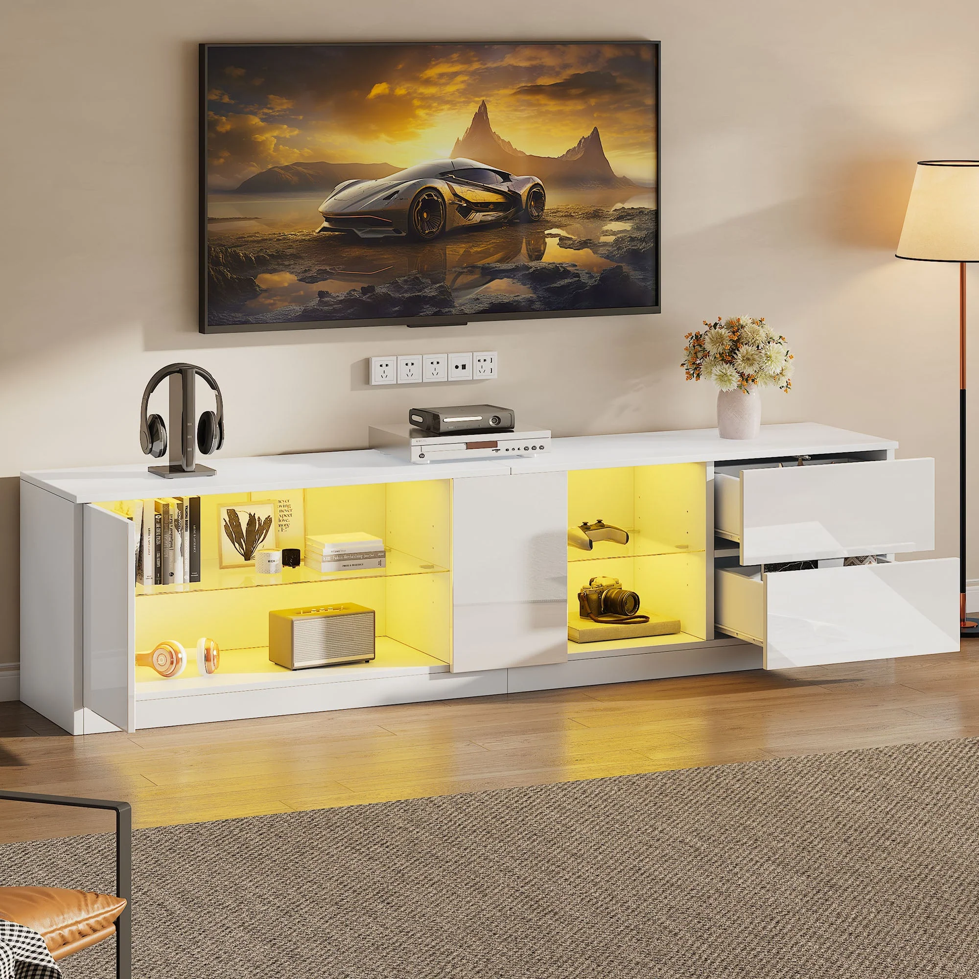 TV Stand 160 x 40 x 52 cm, High-Gloss with LED Lighting, for 65" TVs, Living Room and Bedroom - Image 2